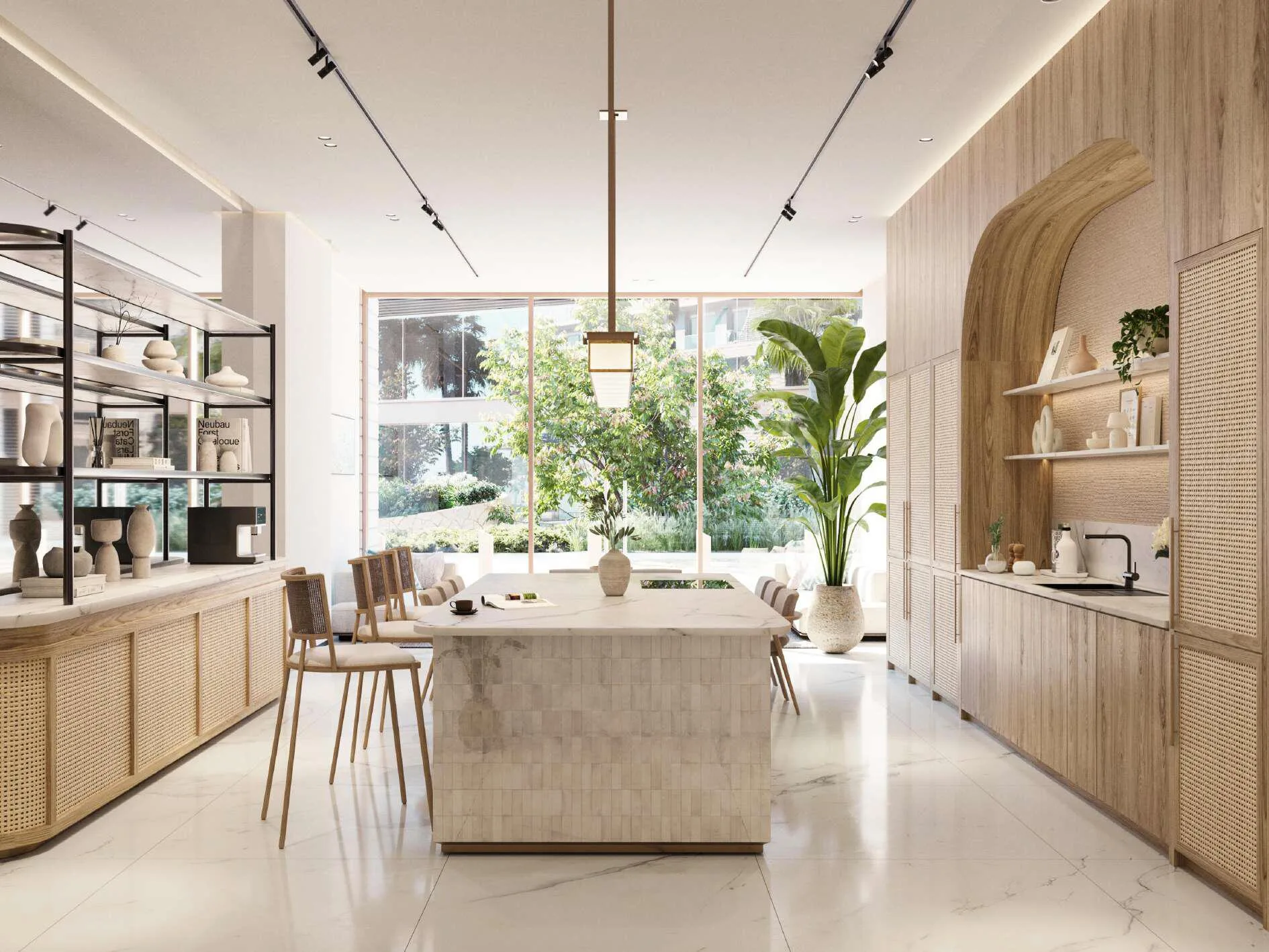 Социальная кухня Fahid Beach Residences с островом из камня
