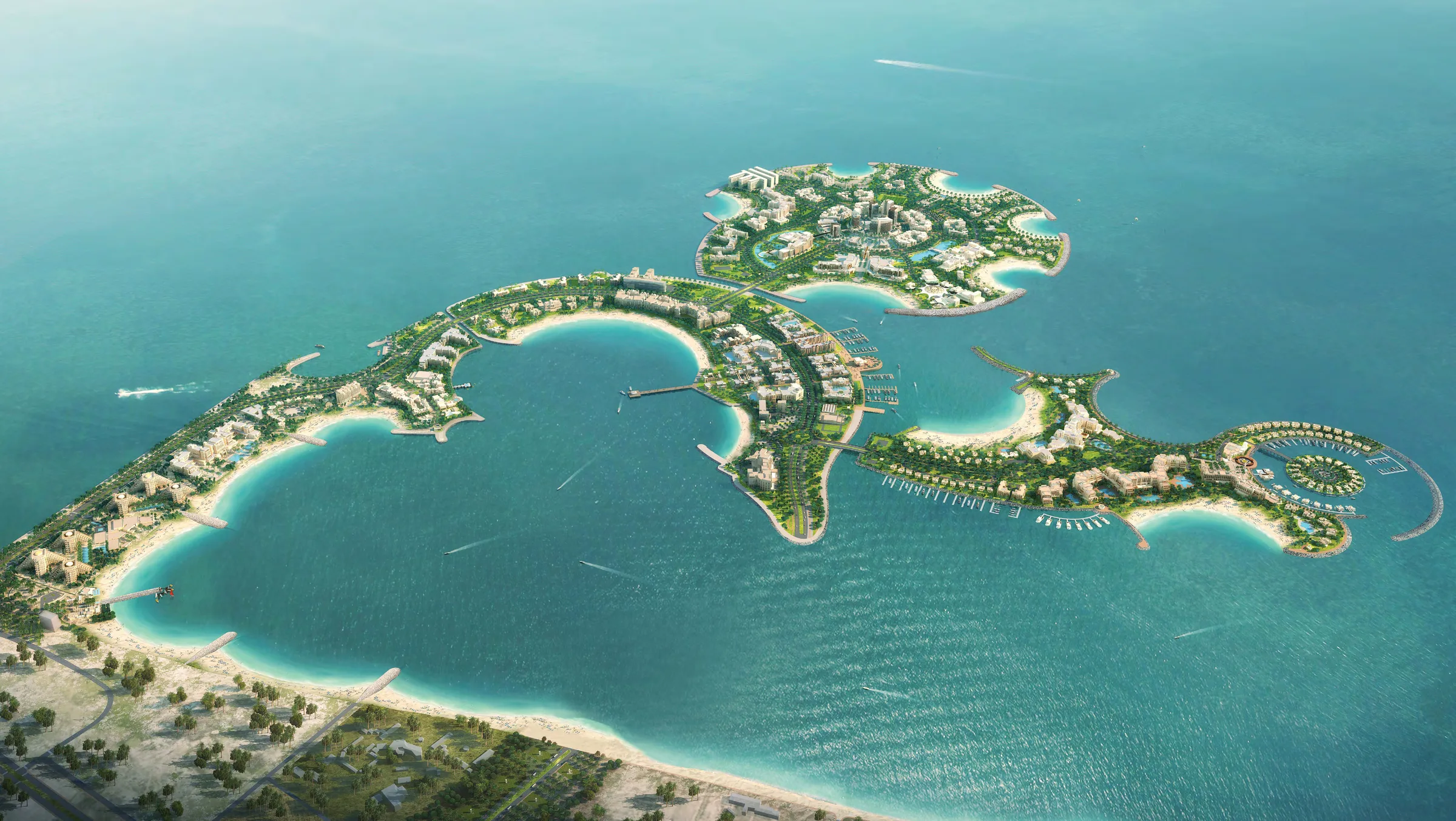 Архипелаг Al Marjan Island с высоты: четыре острова в море