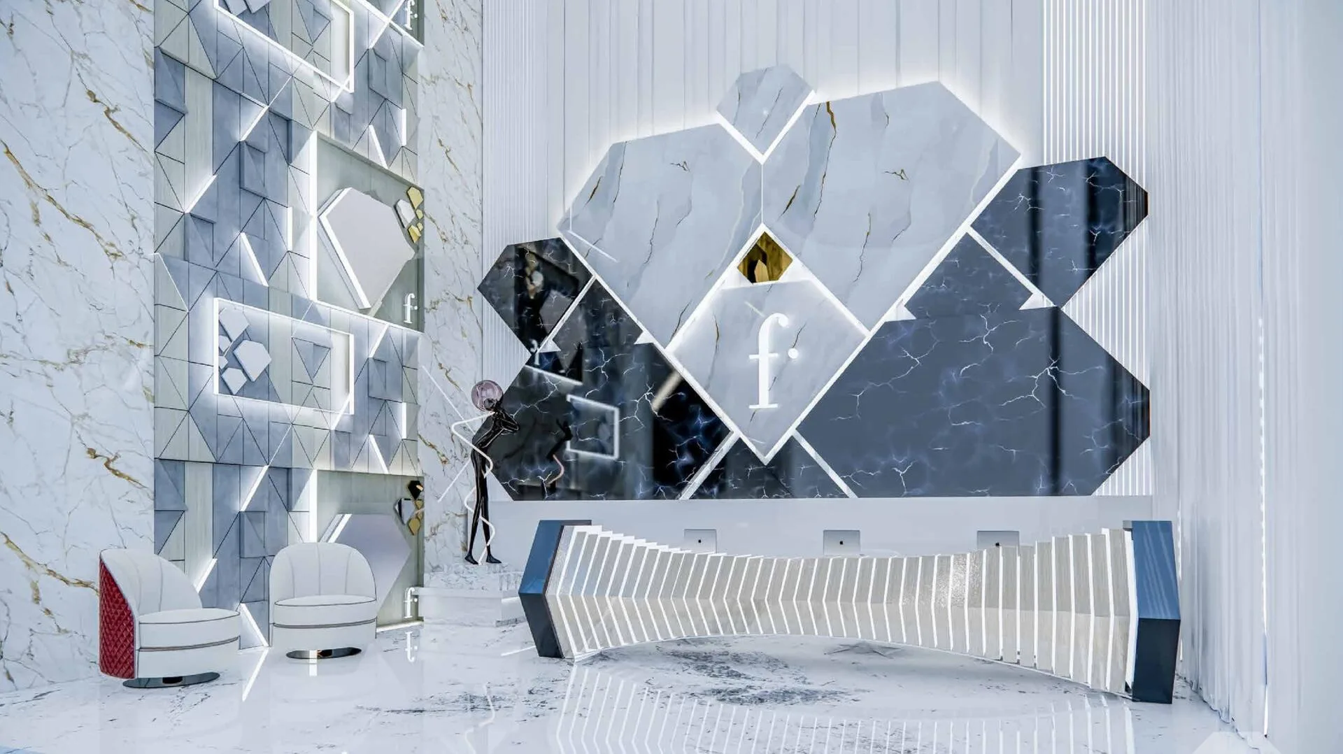 Стойка ресепшн в лобби Fashionz: панно из ромбов