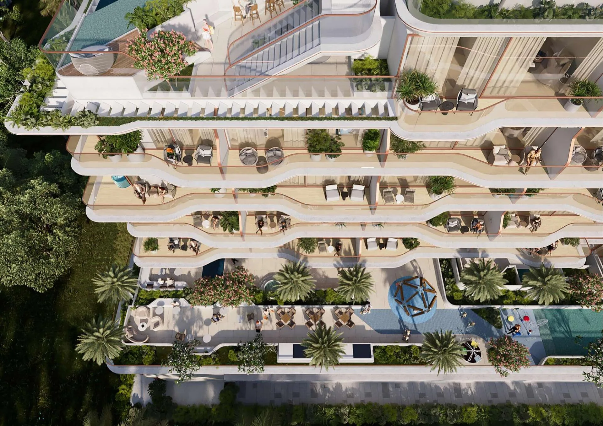 Изогнутые балконы Flow Residences сверху