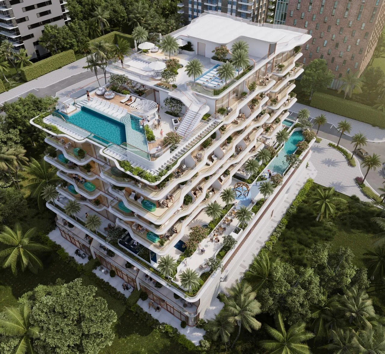Flow Residences с высоты среди зелени и соседних домов