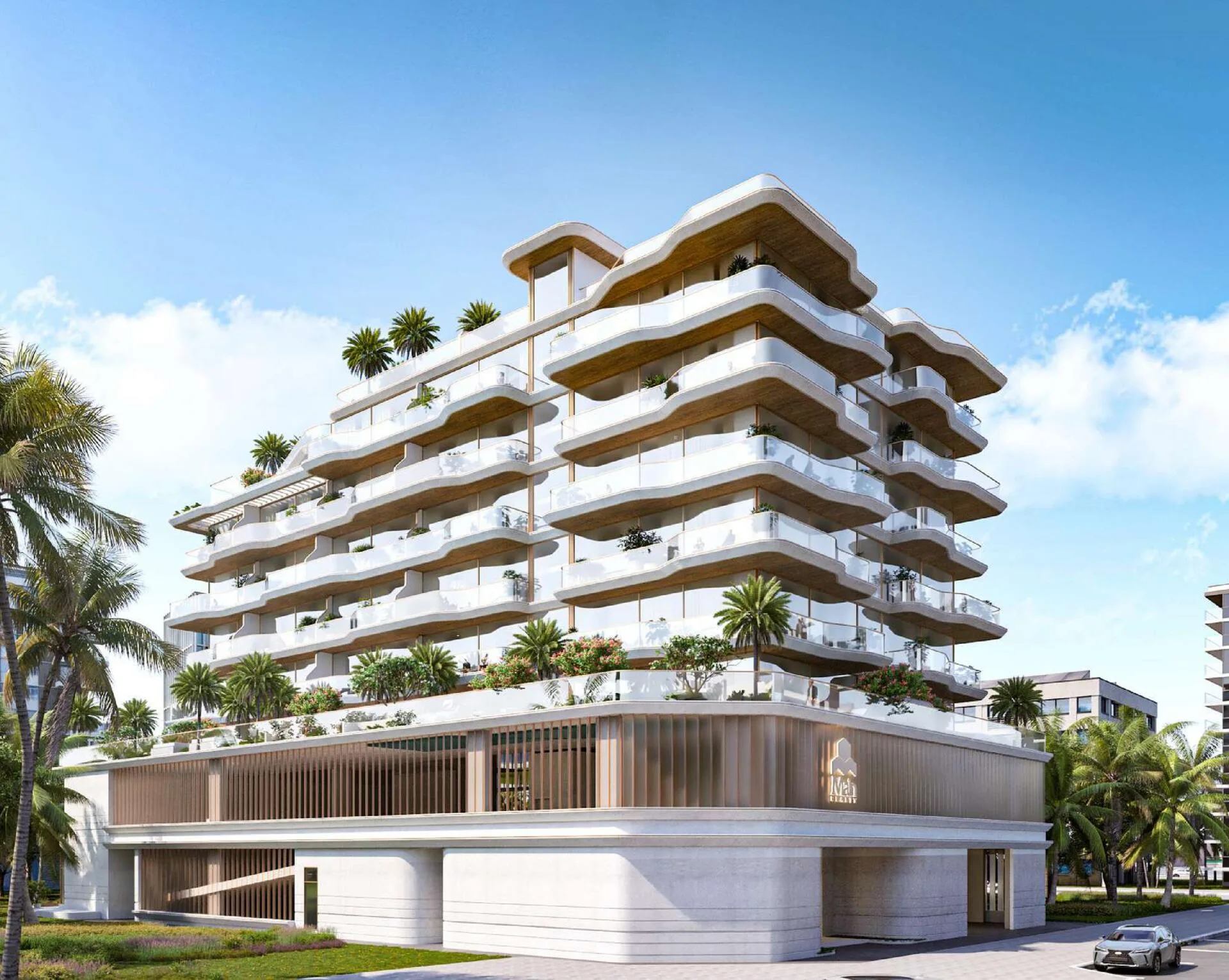 Фасад Flow Residences с белыми волнистыми балконами