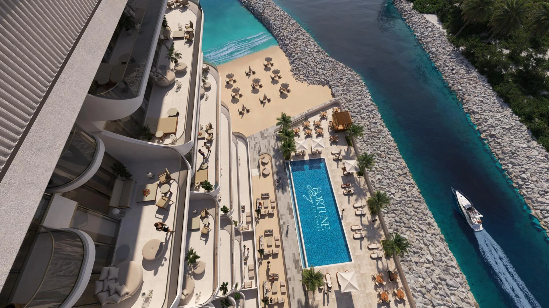 Инфинити-бассейн Fortune Bay Residences с высоты, рядом пляж и канал