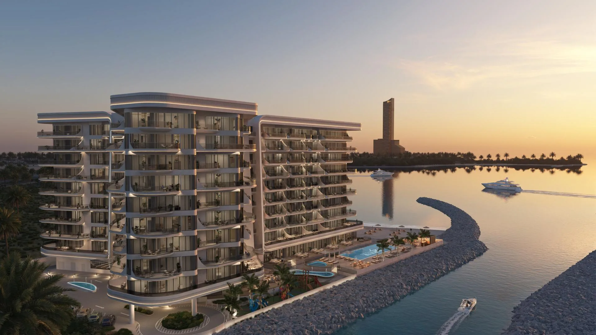 Дом Fortune Bay Residences на закате у воды