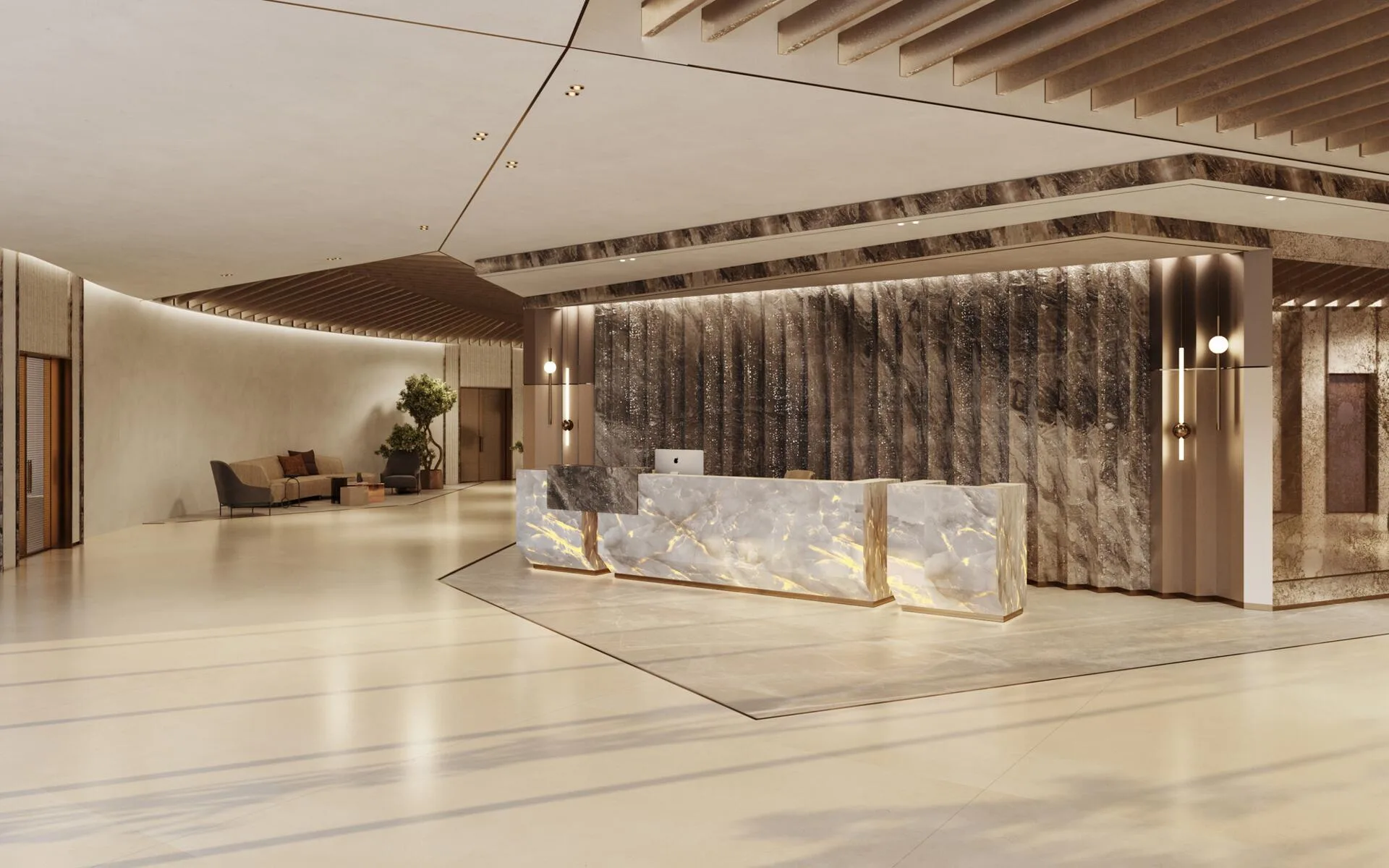 Лобби Fortune Bay Residences: стойка из камня и деревянный потолок