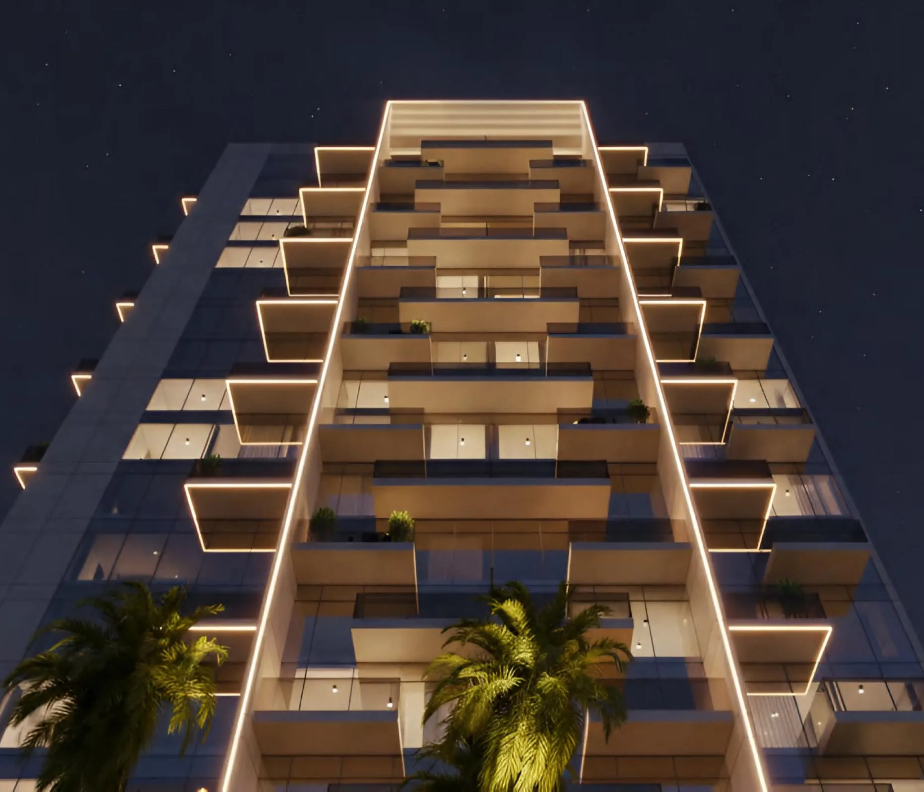 Балконы Future Residence с подсветкой ночью