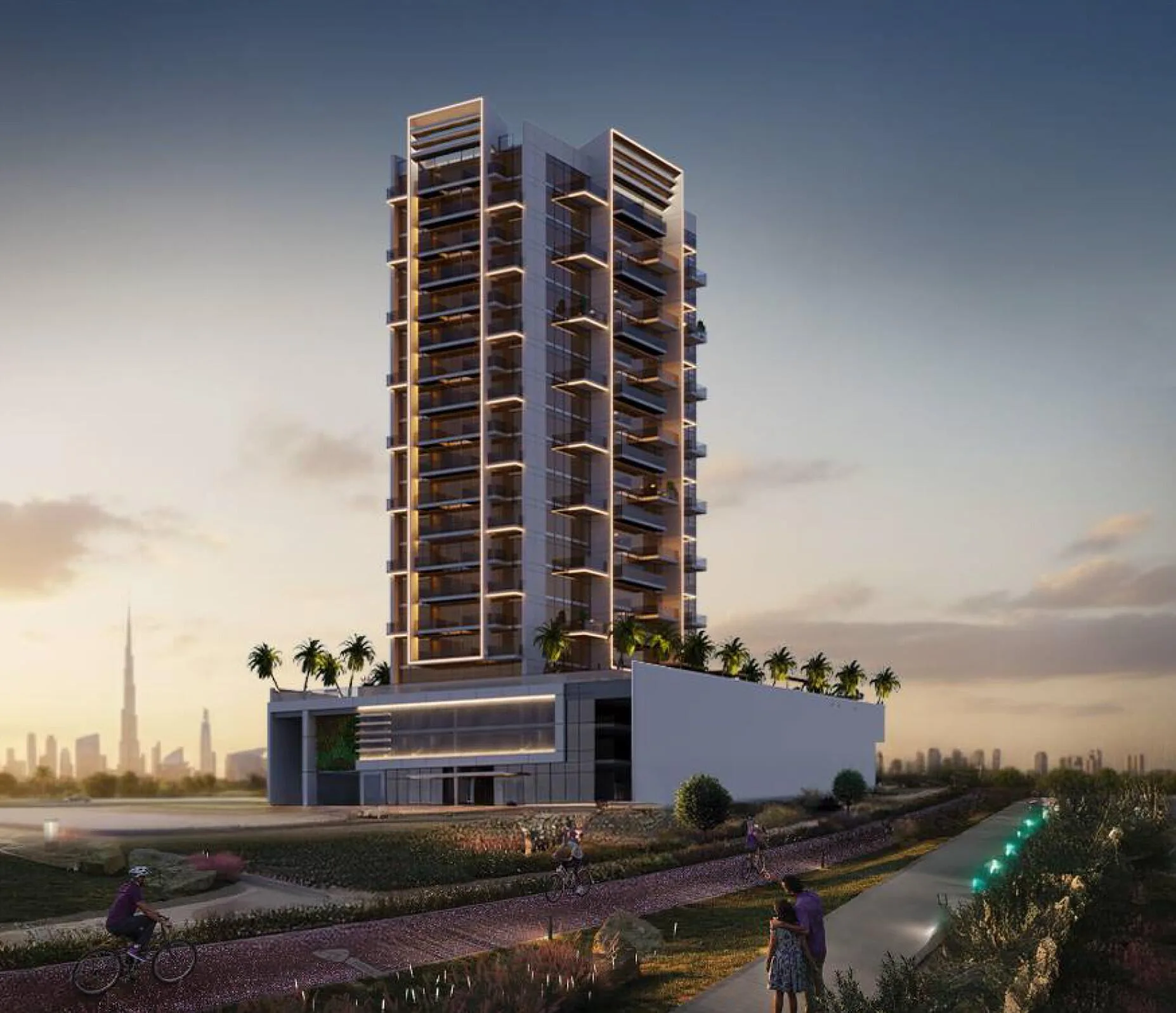 Future Residence вечером, вдали Burj Khalifa