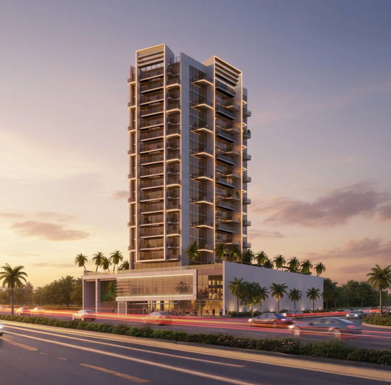 Future Residence на закате с балконами на всю высоту