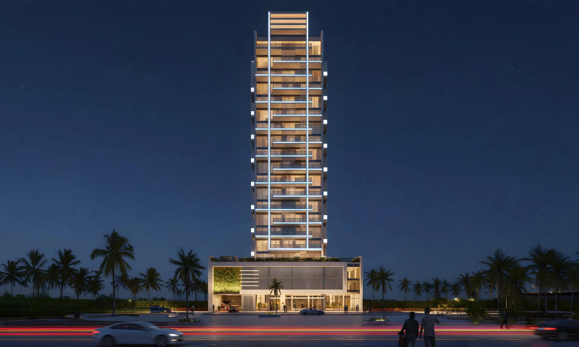 Future Residence ночью со стороны дороги