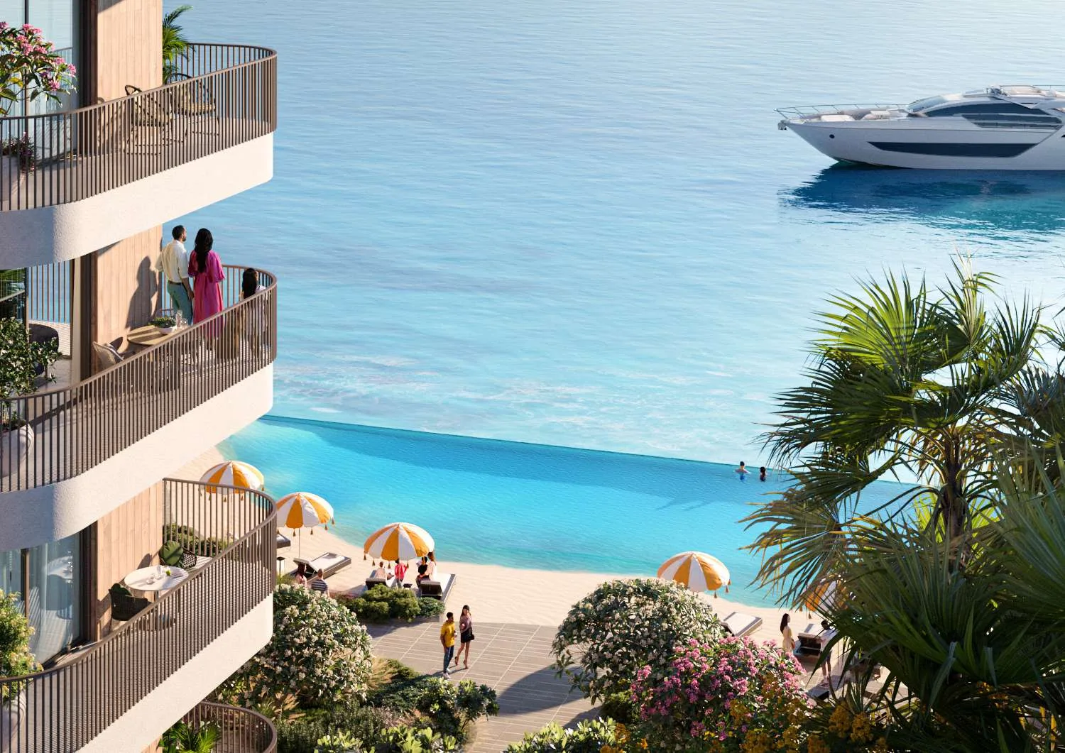 Балконы домов Gardenia Bay над лагуной и яхта у берега