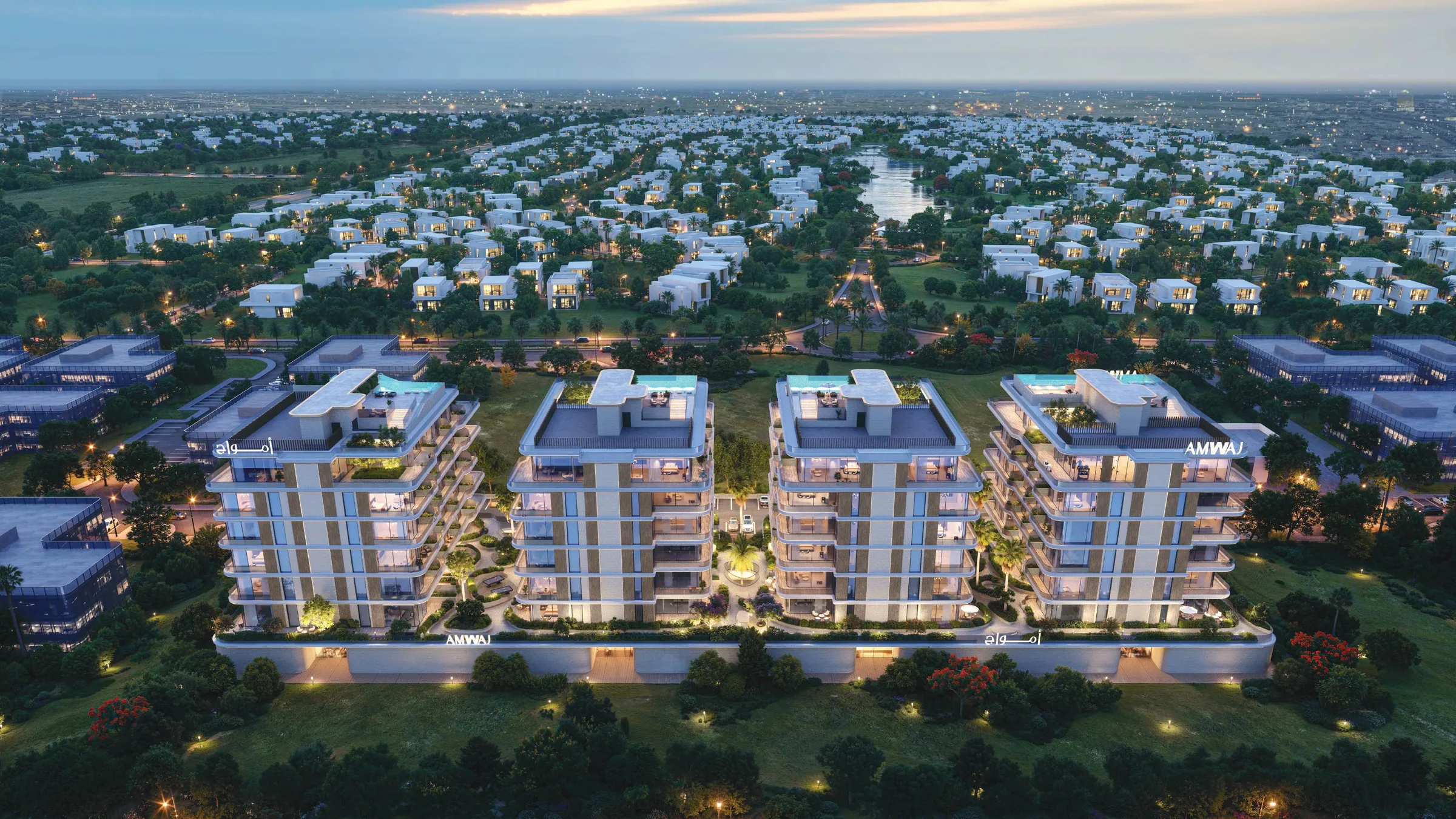 Четыре дома Gate Eleven вечером, вокруг виллы Meydan District 11
