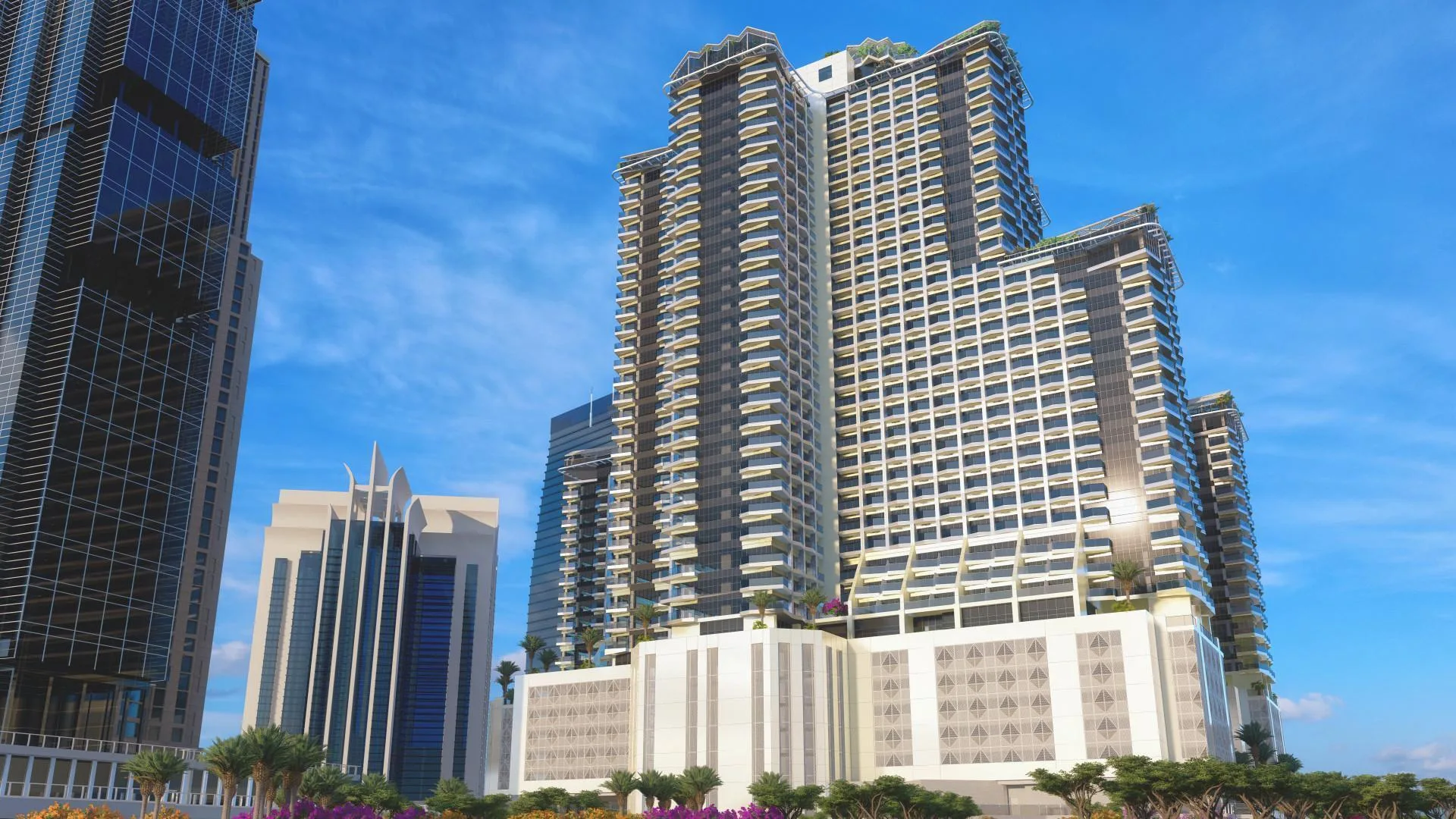 Фасад Golf Views Seven City: башни над светлым подиумом
