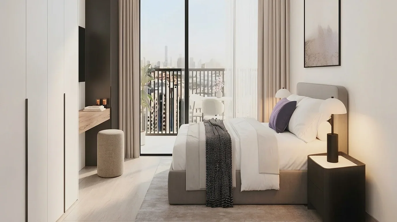 Визуализация: спальня Grosvenor House с выходом на балкон