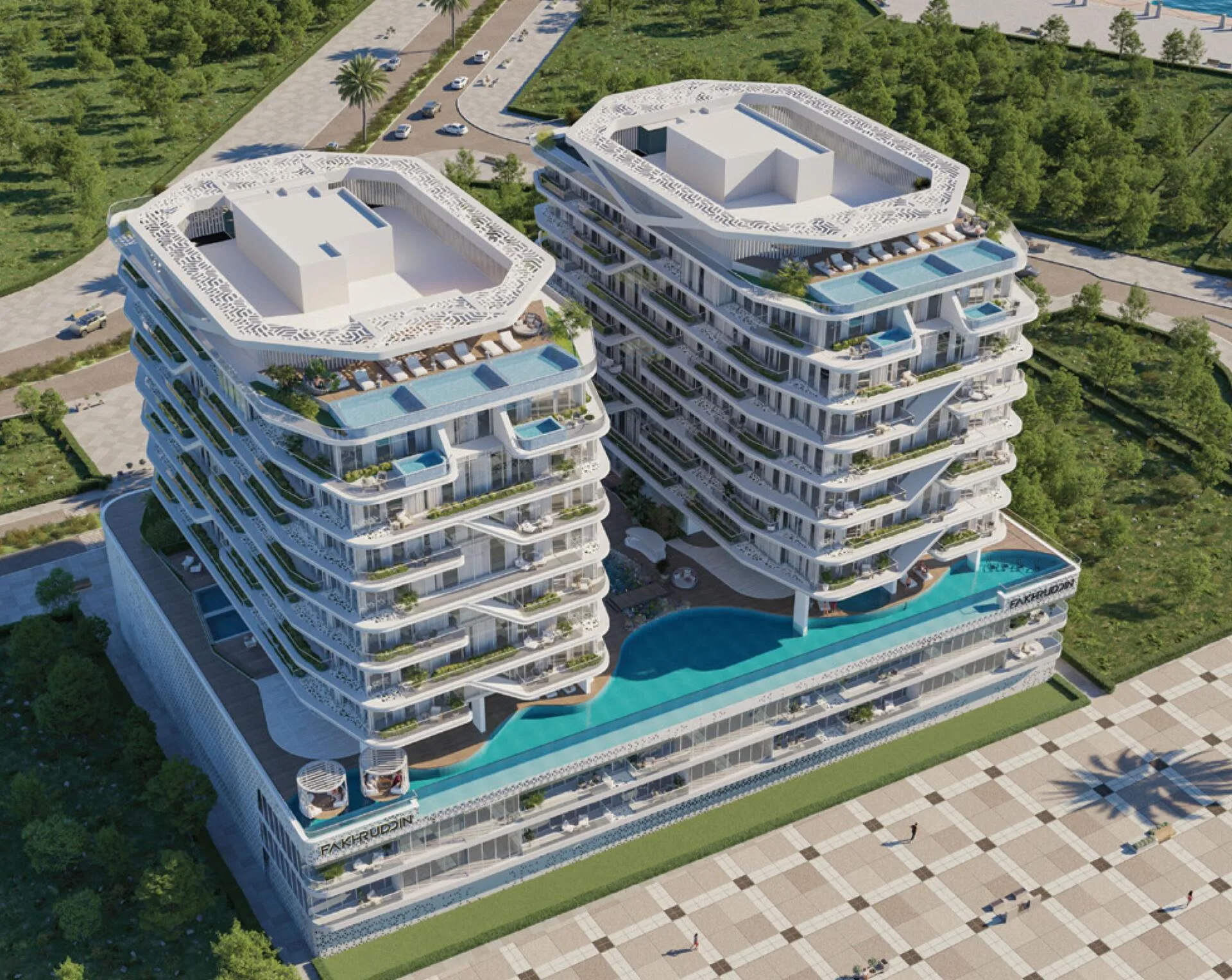Башни Hatimi сверху среди зелени острова