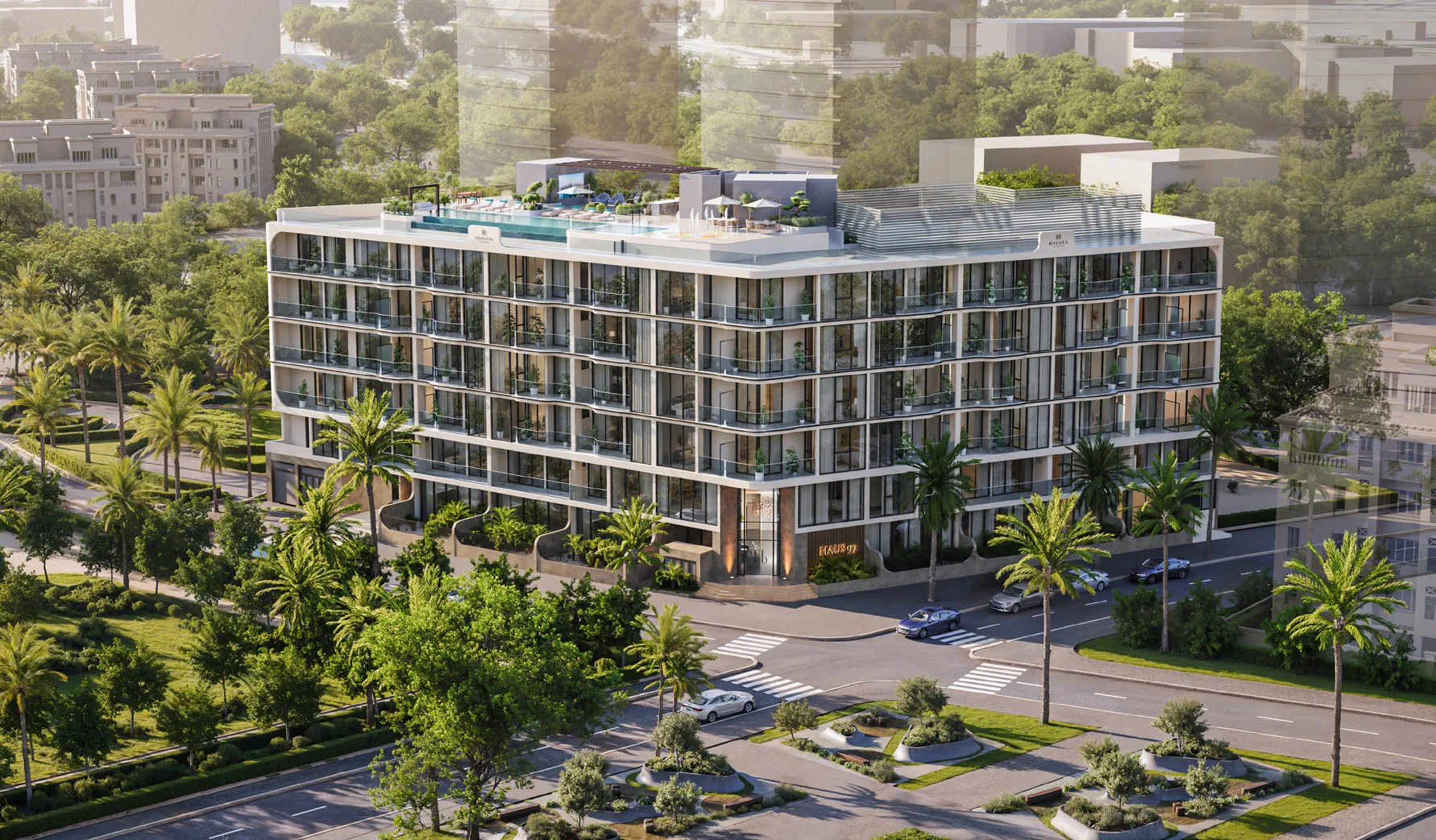 Haus 99 Residences с высоты среди зелёных улиц и соседних жилых домов