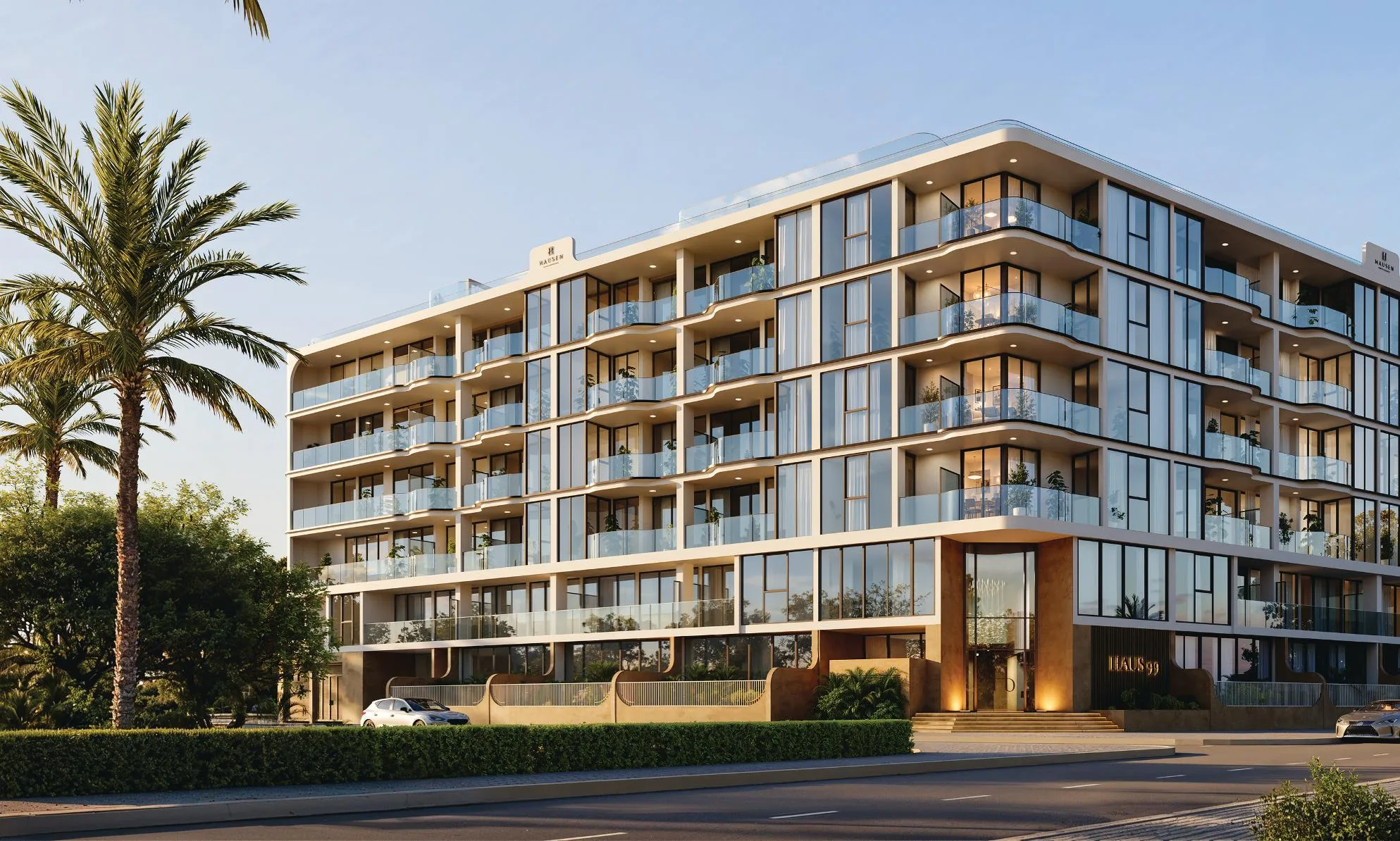 Угловой фасад Haus 99 Residences с панорамными окнами, балконами и пальмами у входа