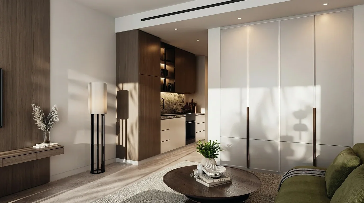 Визуализация: гостиная со шкафами для хранения в Haus 99