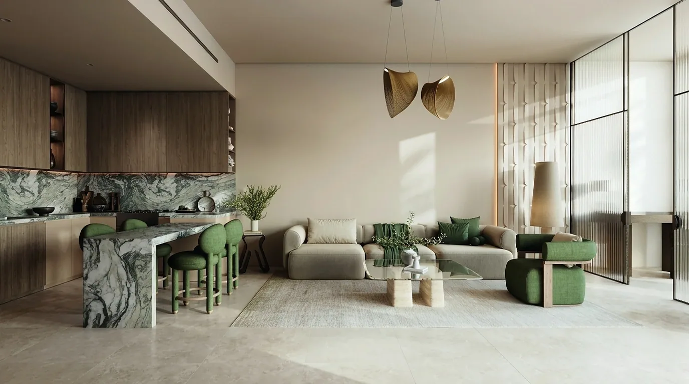 Визуализация: кухня-гостиная Haus 99 с каменным островом