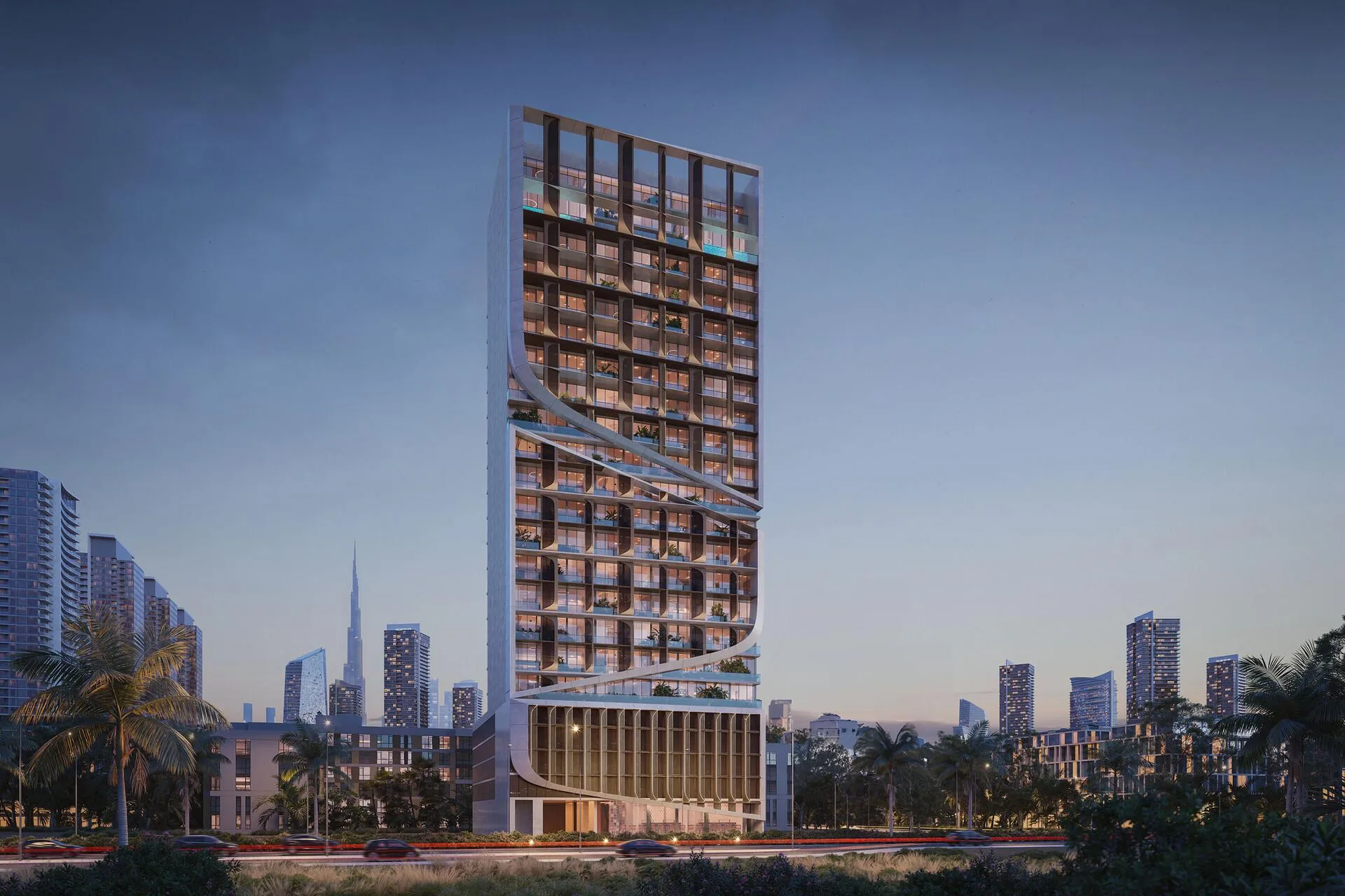 Havelock Heights вечером со стороны дороги, на горизонте небоскрёбы