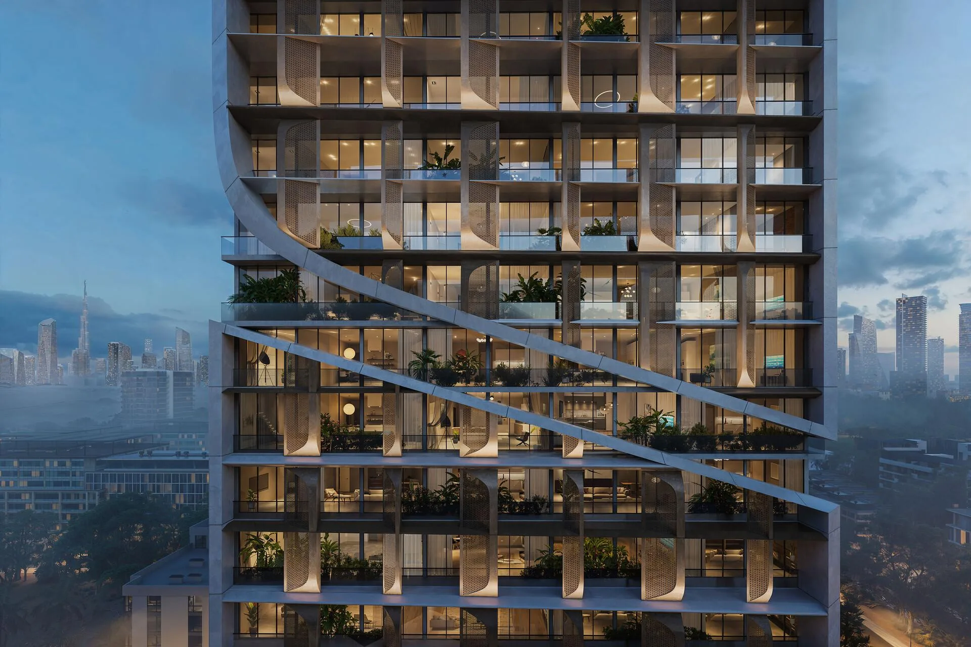 Фасад Havelock Heights вечером: балконы с зеленью и светлые ленты