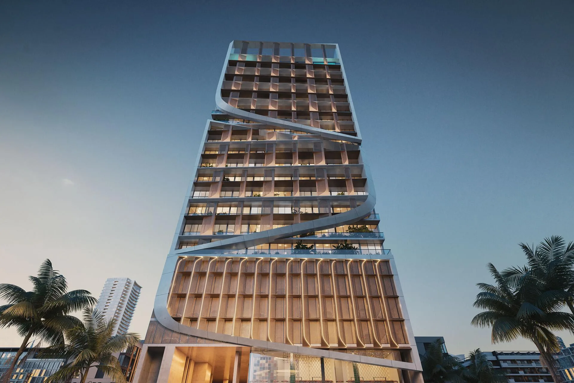 Фасад Havelock Heights снизу, светлые ленты обвивают башню