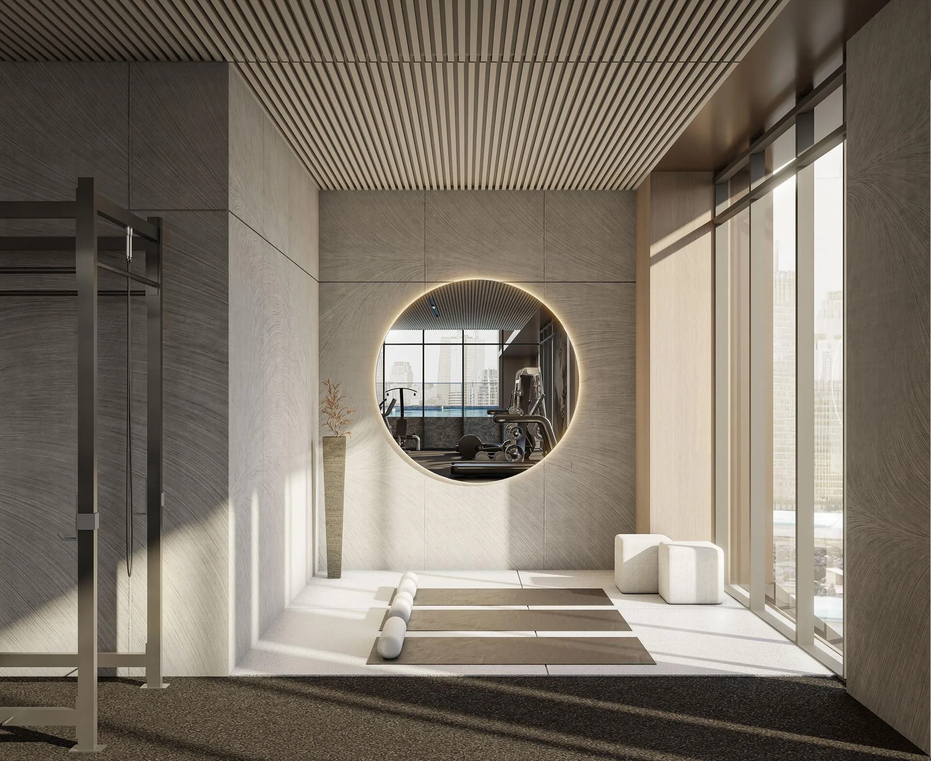 Зал для йоги в Havelock Heights с круглым зеркалом
