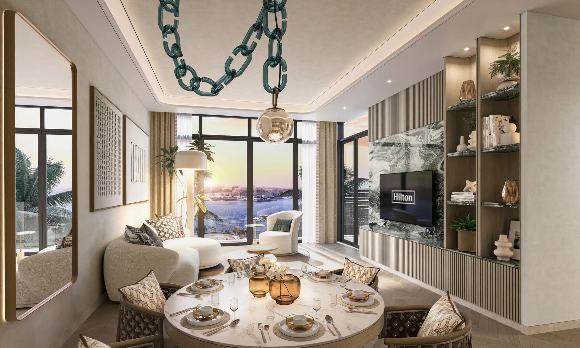 Гостиная со столовой и видом на воду в квартире Hilton Residences