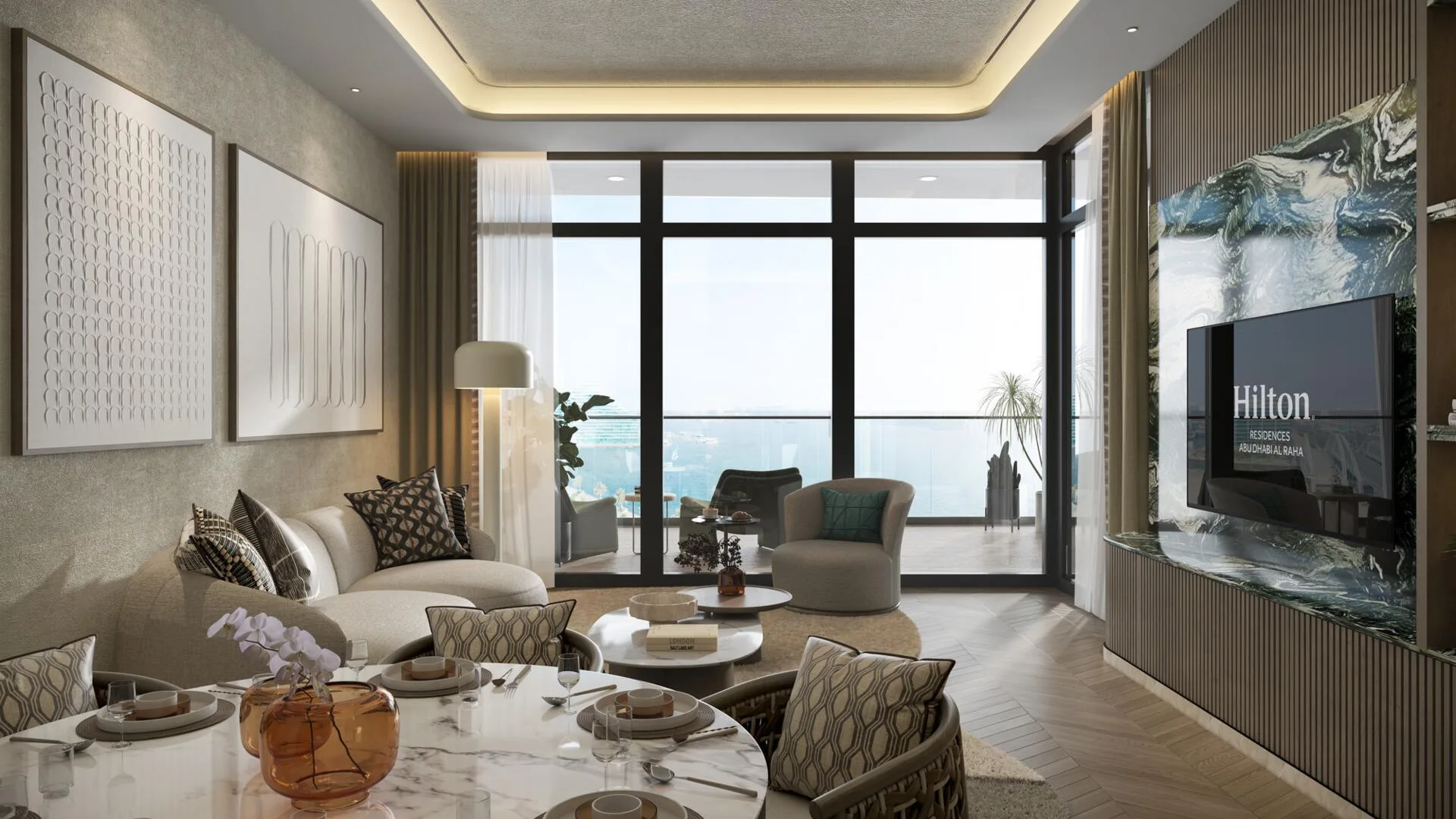 Гостиная в квартире Hilton Residences, вид на кухню