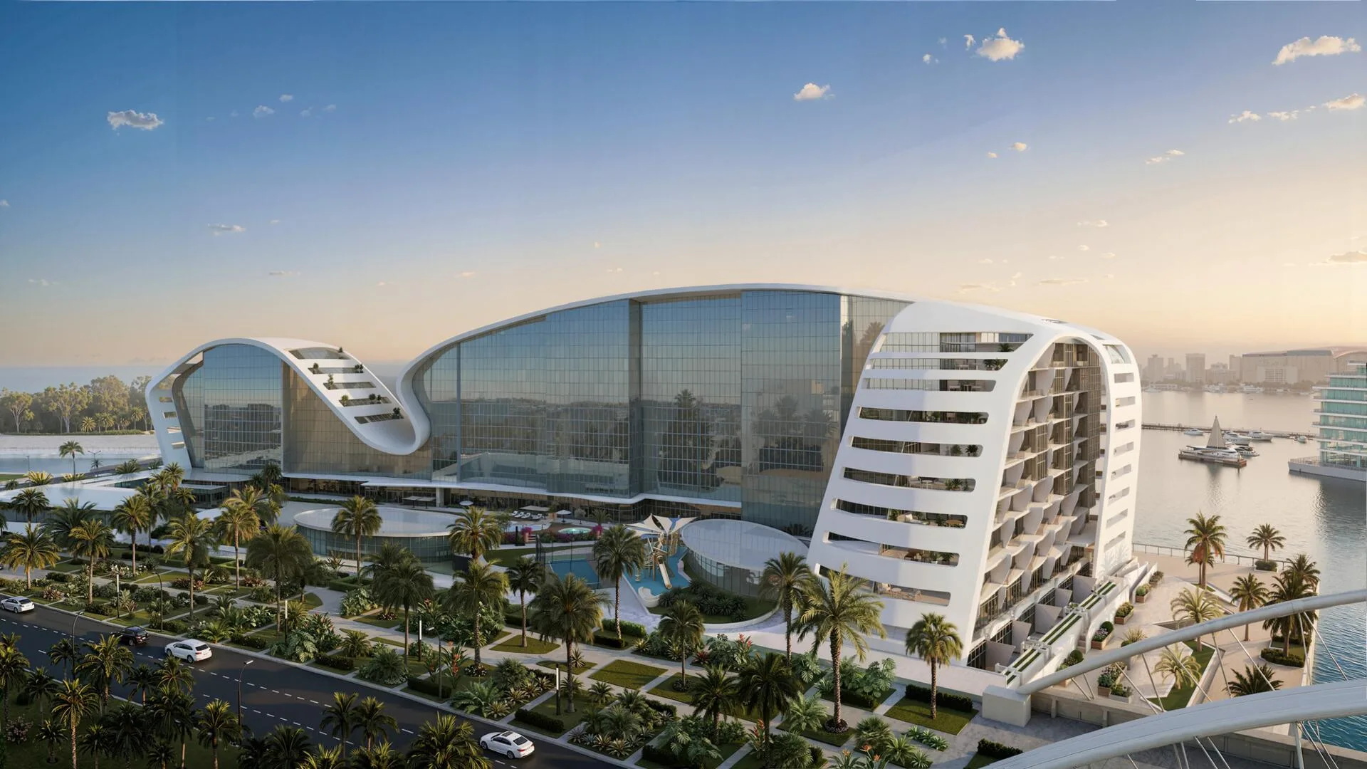 Hilton Residences и двор с пальмами у воды