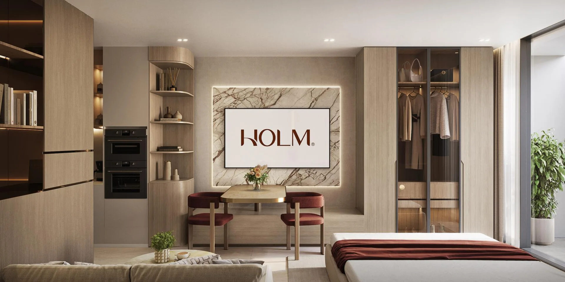 Студия Holm One: гардероб со стеклянными дверцами и стол на двоих
