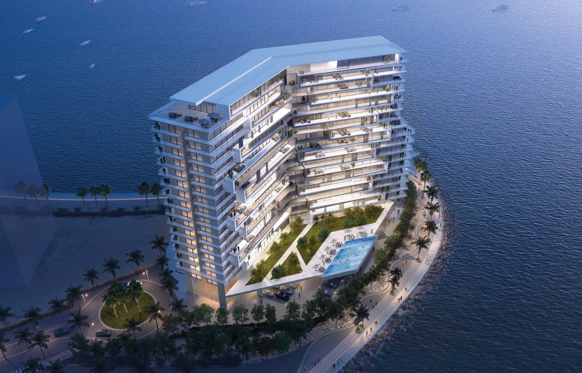 Icon Tower сверху вечером: башня, бассейн и море