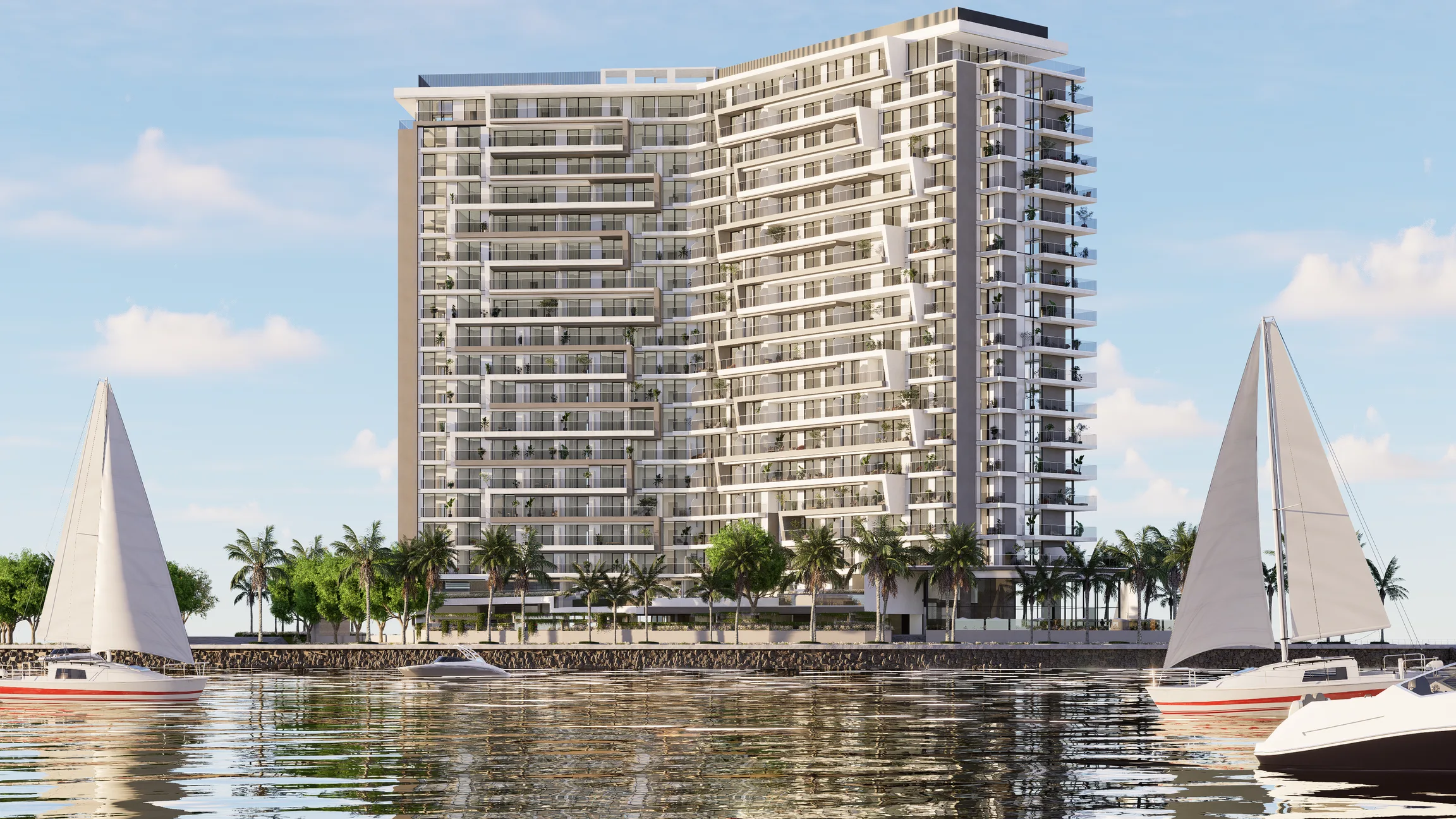Фасад Icon Tower со стороны воды, парусные яхты на переднем плане