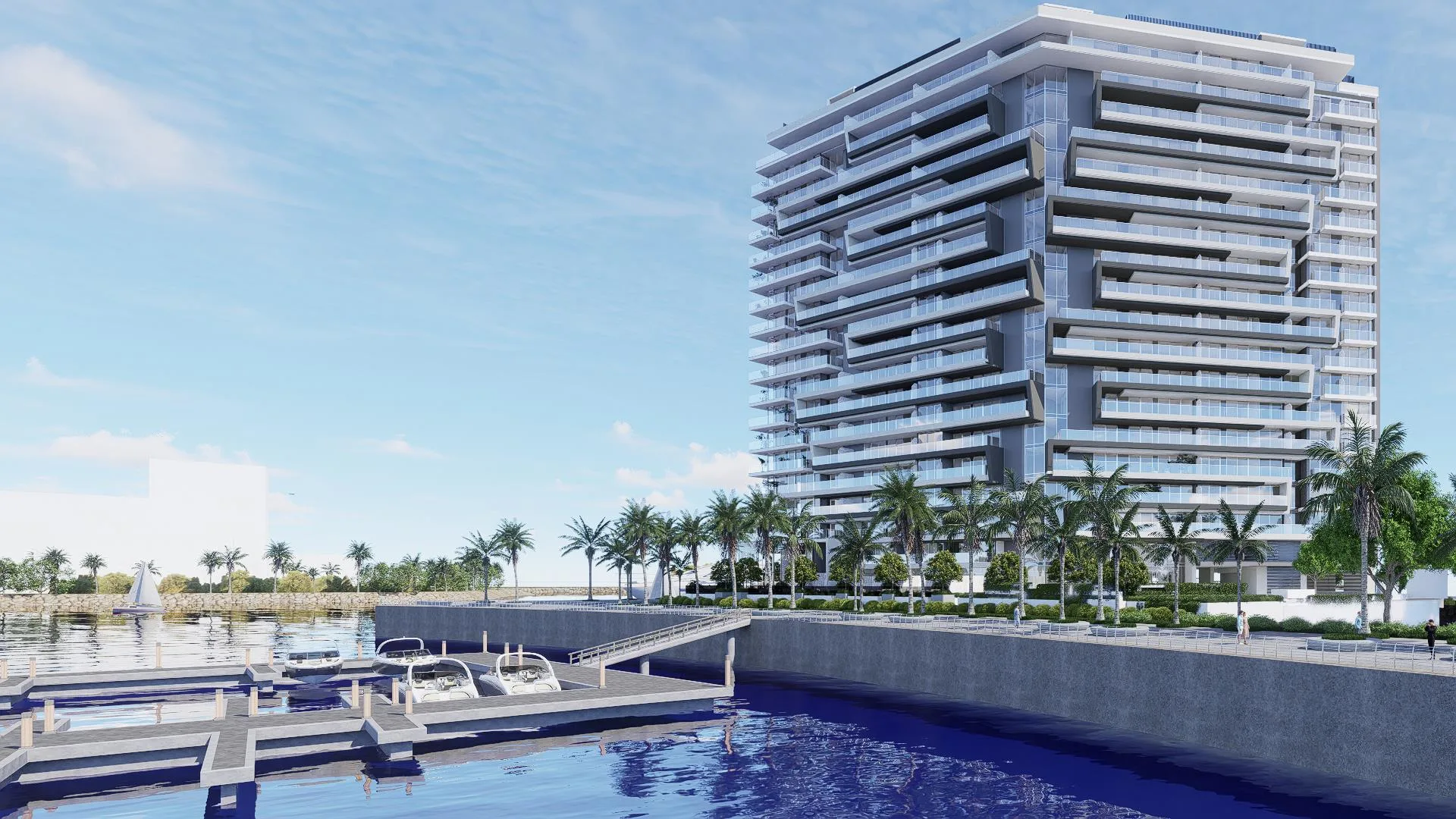 Причал с катерами у набережной Icon Tower