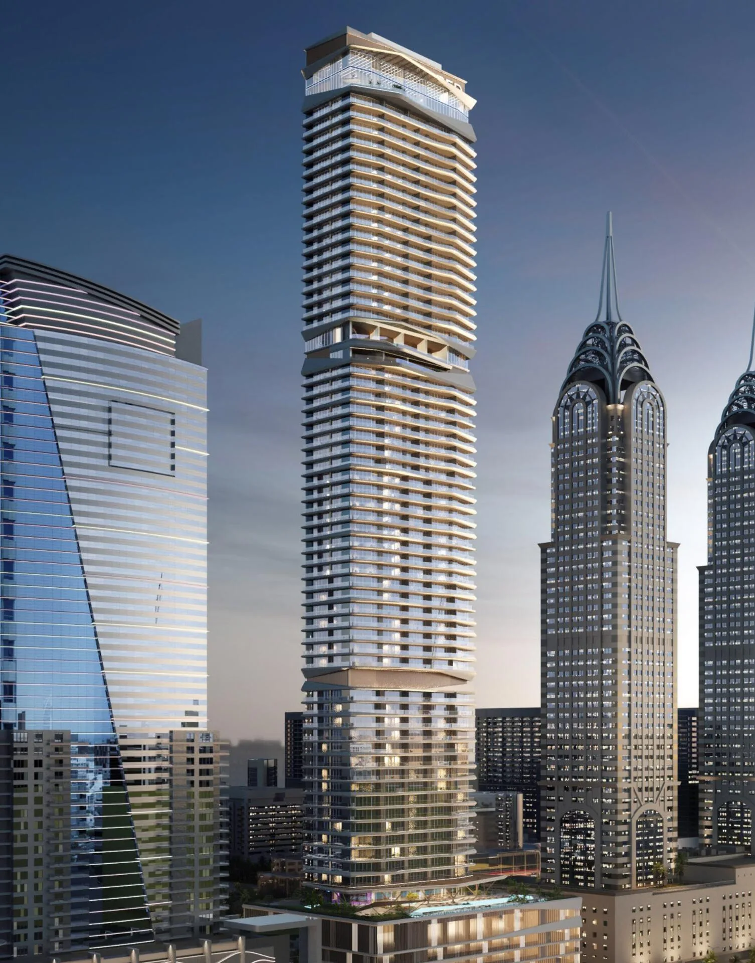 Башня Iconic Tower вечером среди небоскрёбов Dubai Internet City