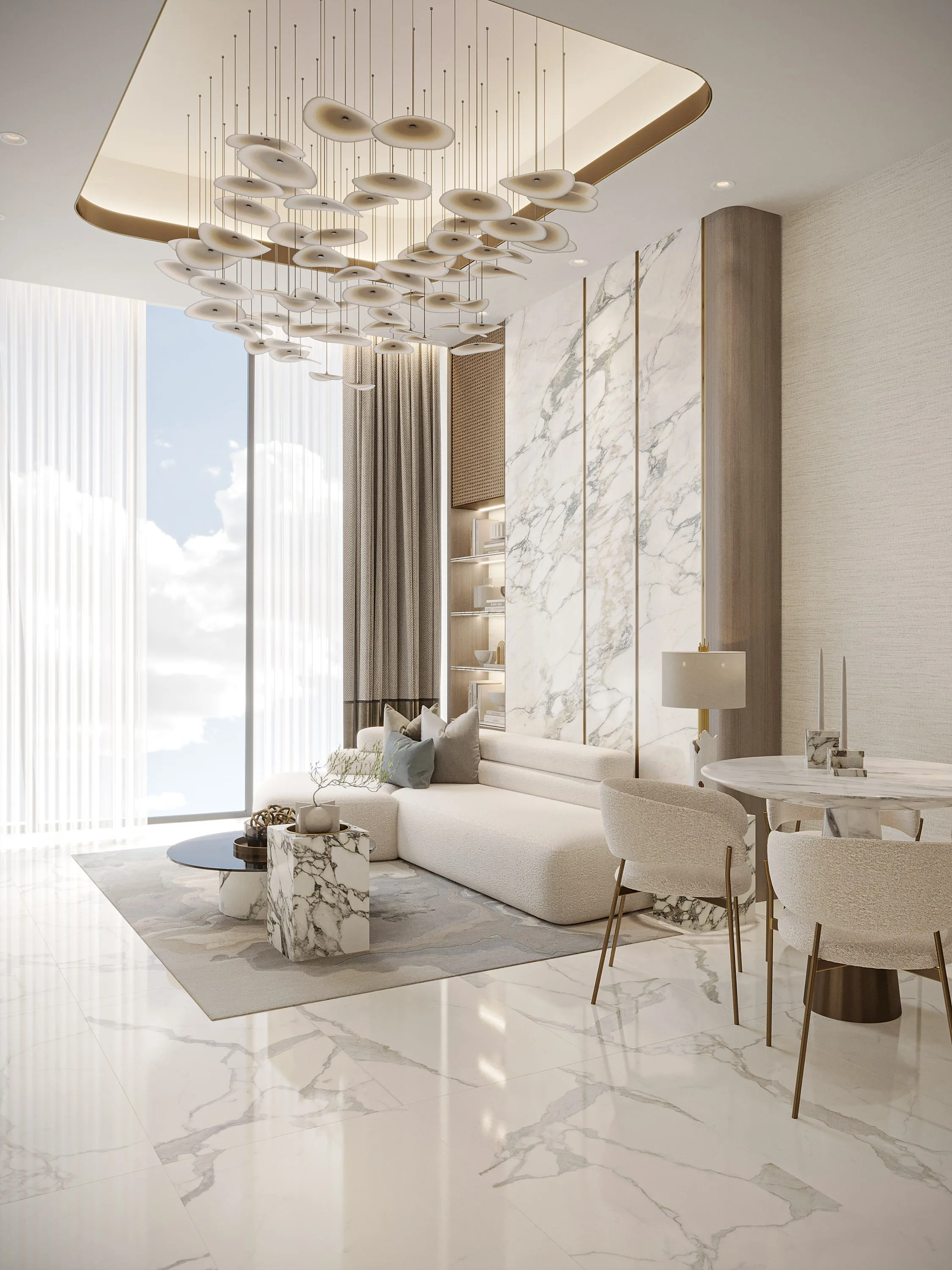 Гостиная в квартире Iluka Residences: мрамор и окна в пол