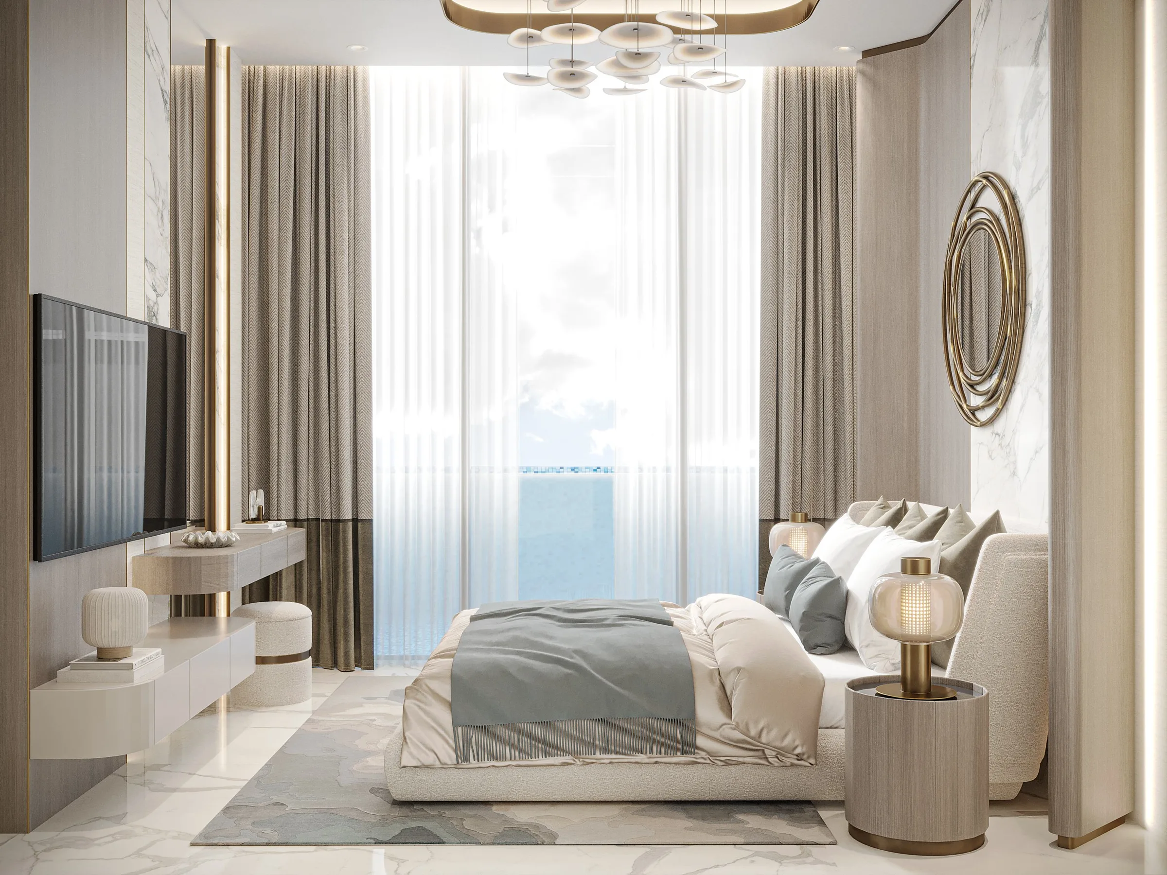 Спальня в квартире Iluka Residences с окном на воду