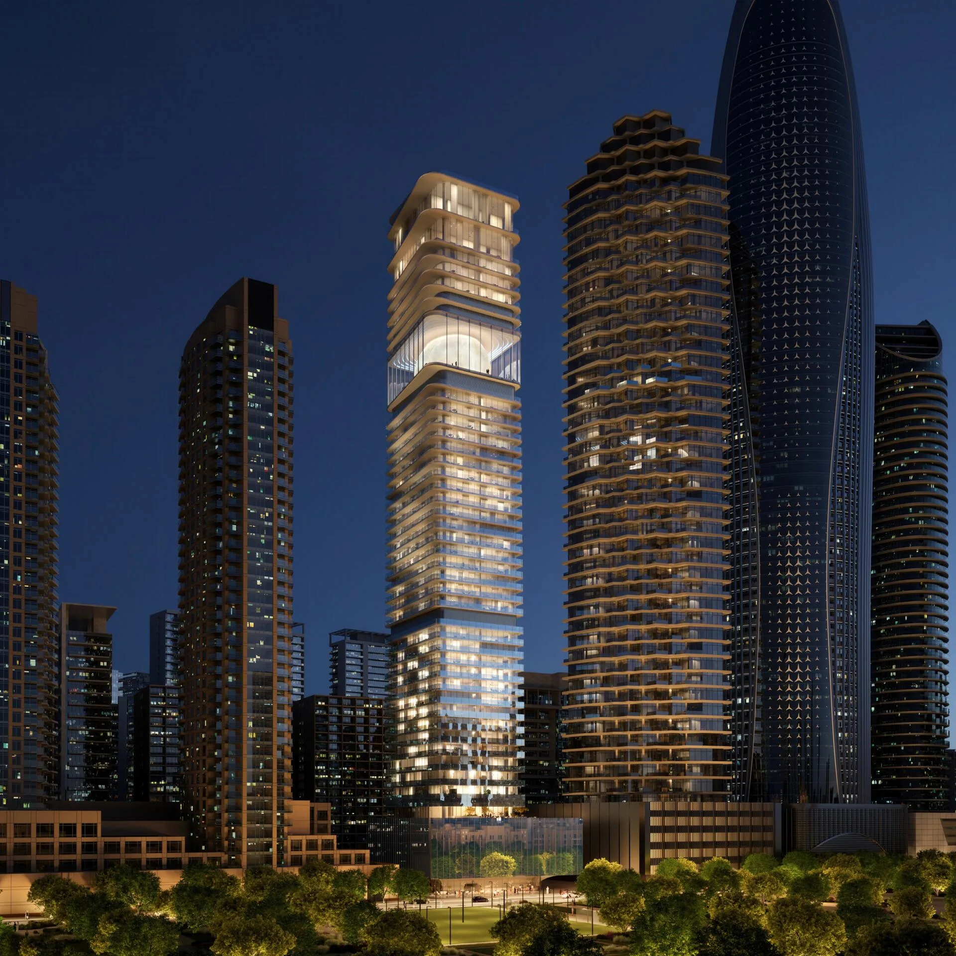 Inaura среди небоскрёбов Downtown Dubai ночью