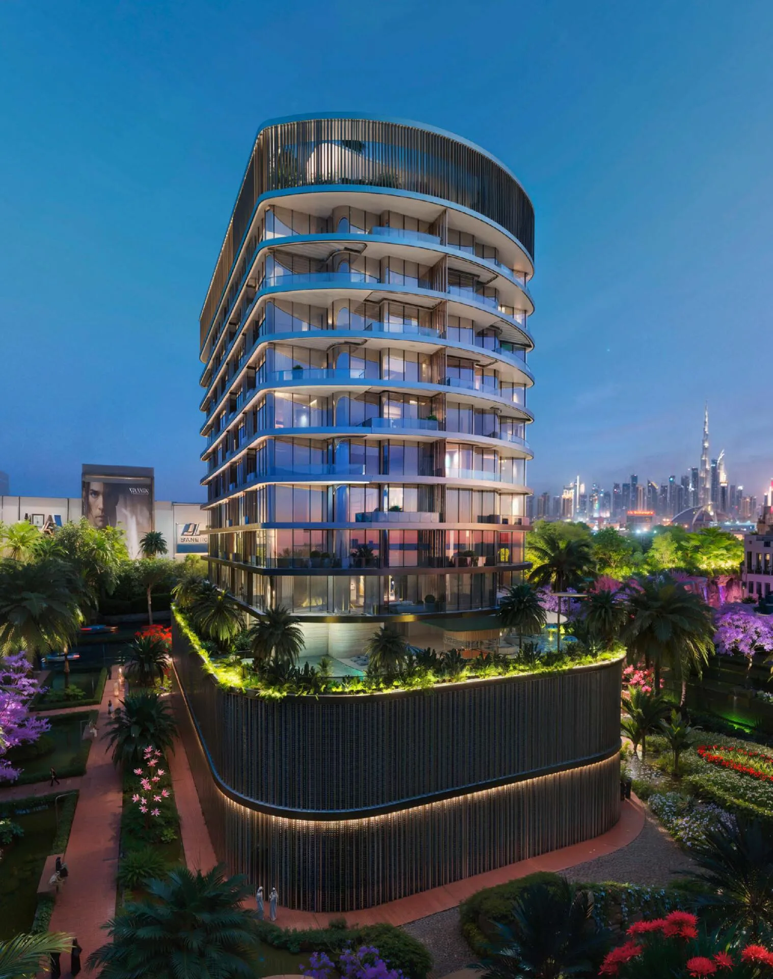 Isla Private Residences вечером, за домом огни города