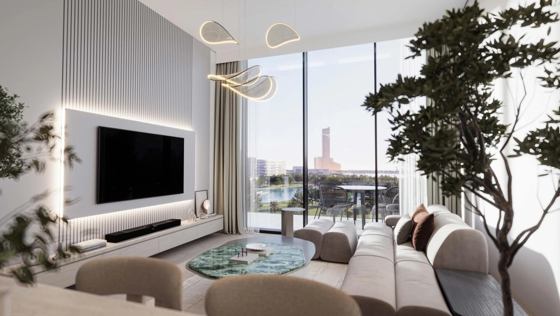Гостиная квартиры Island Heights в светлой гамме