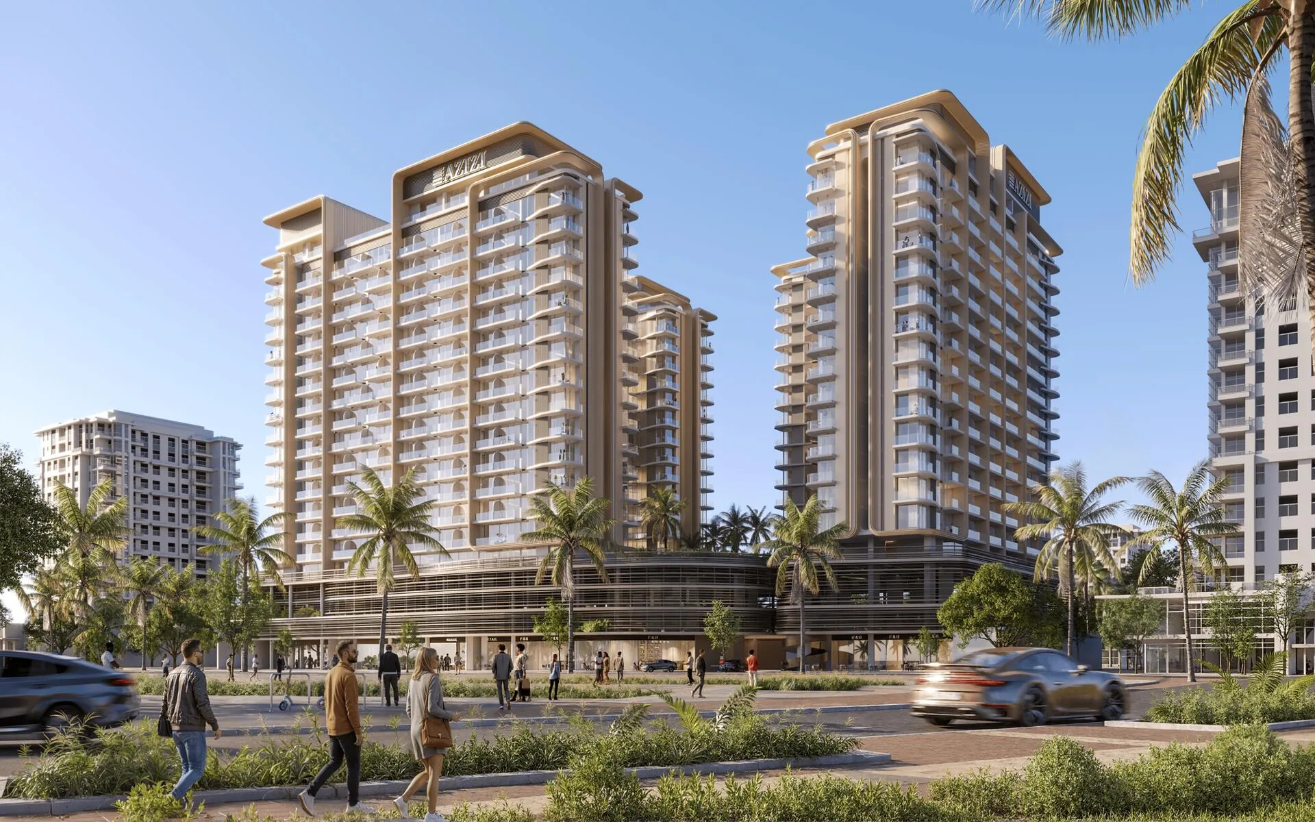 Два корпуса Jaddaf Beach Oasis днём, вид с улицы