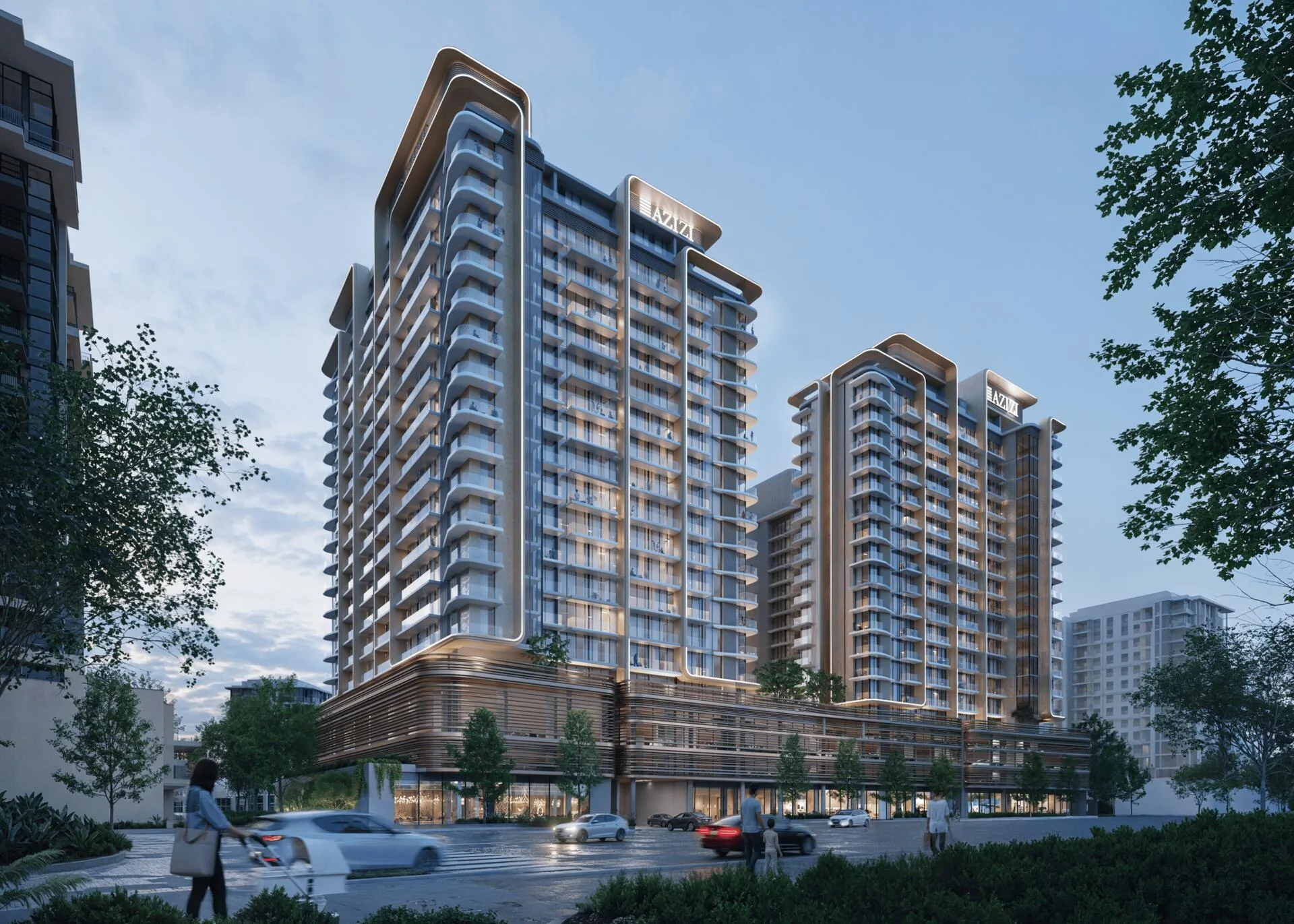 Jaddaf Beach Oasis среди деревьев, вид с перекрёстка