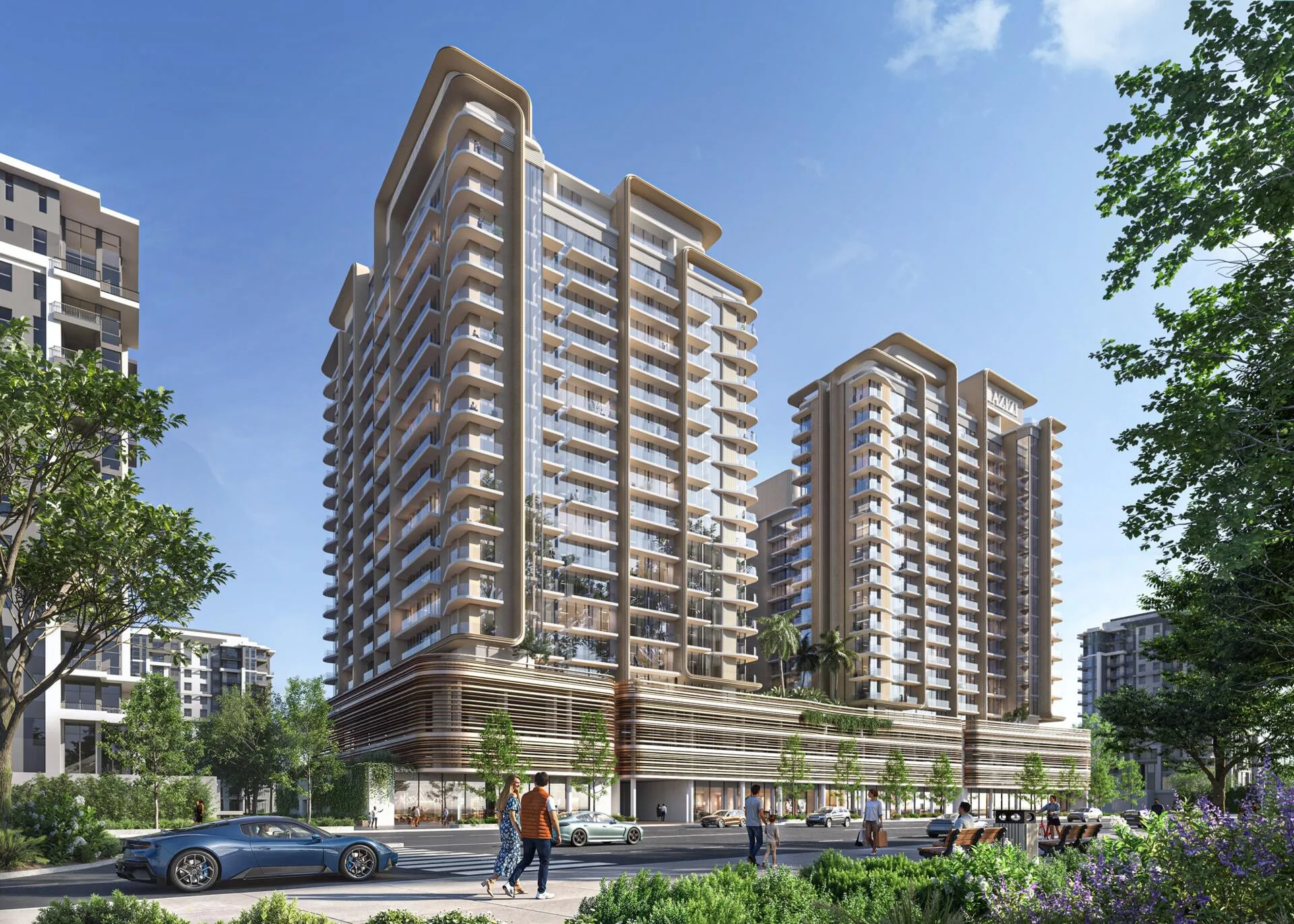 Jaddaf Beach Oasis с улицы: корпуса, дорога и зелень