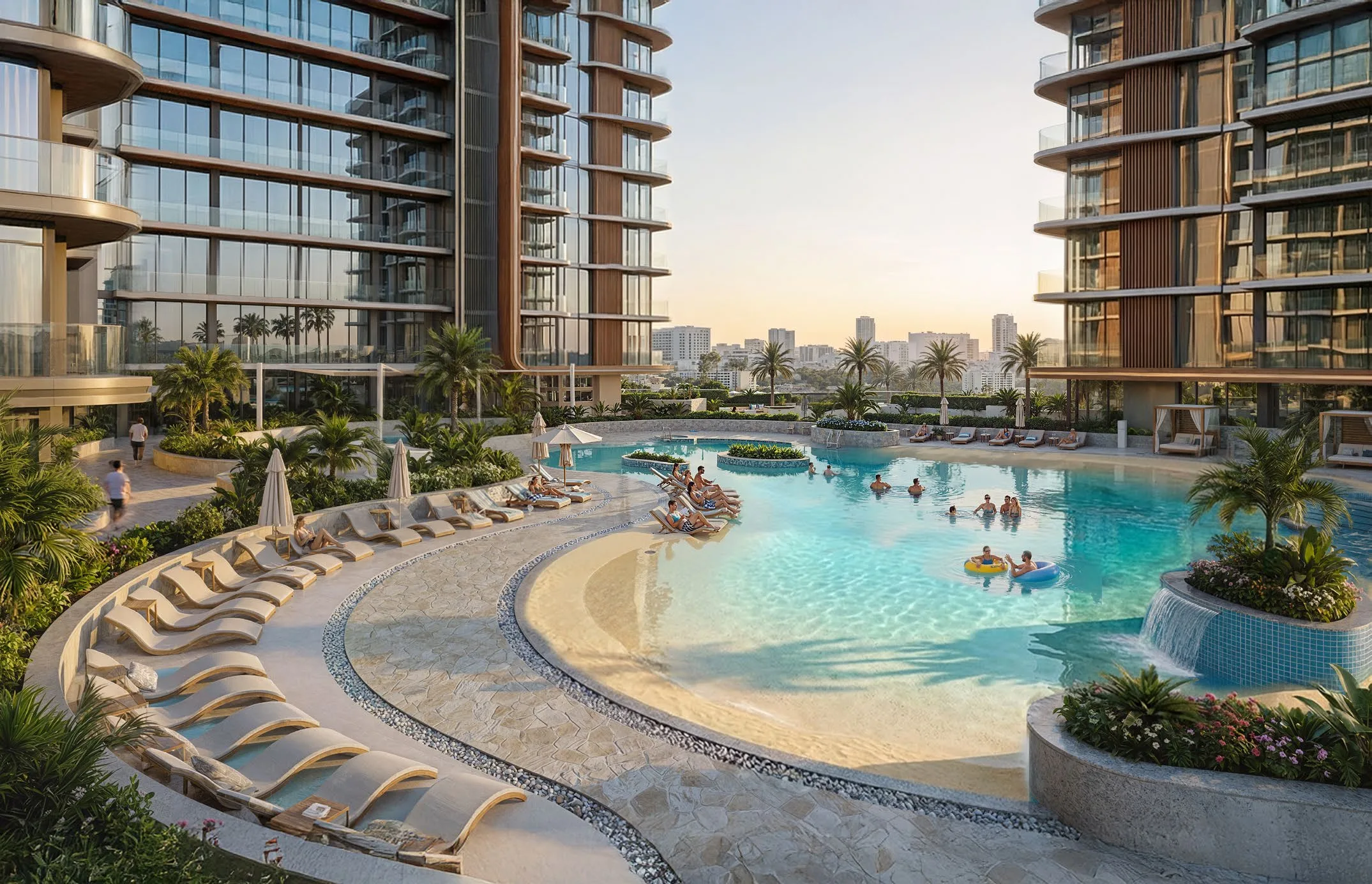 Бассейн-пляж Jaddaf Beach Oasis на закате, за ним крыши Дубая