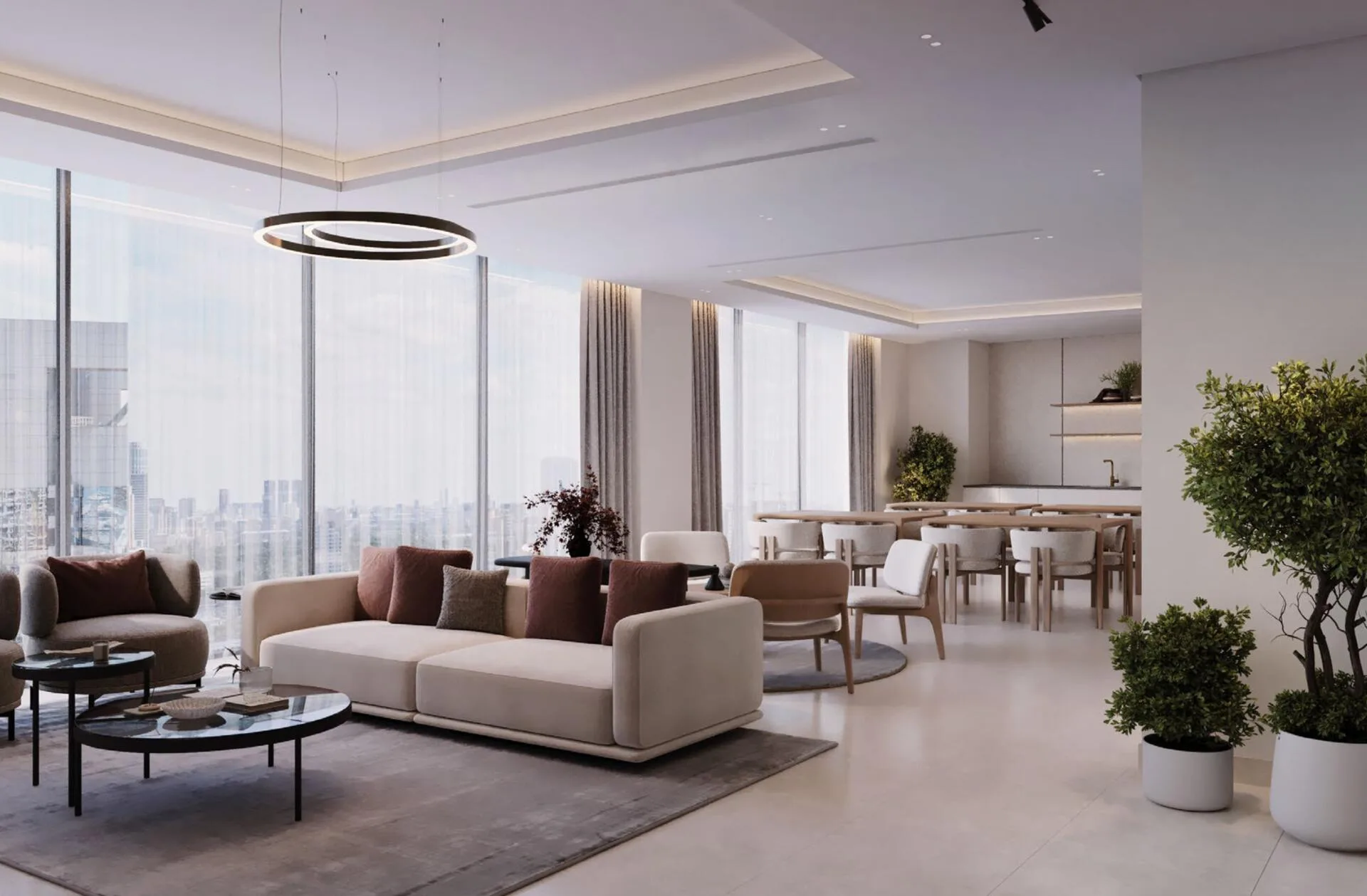 Светлый интерьер Jaddaf Beach Oasis: диваны, обеденная зона, город за окном