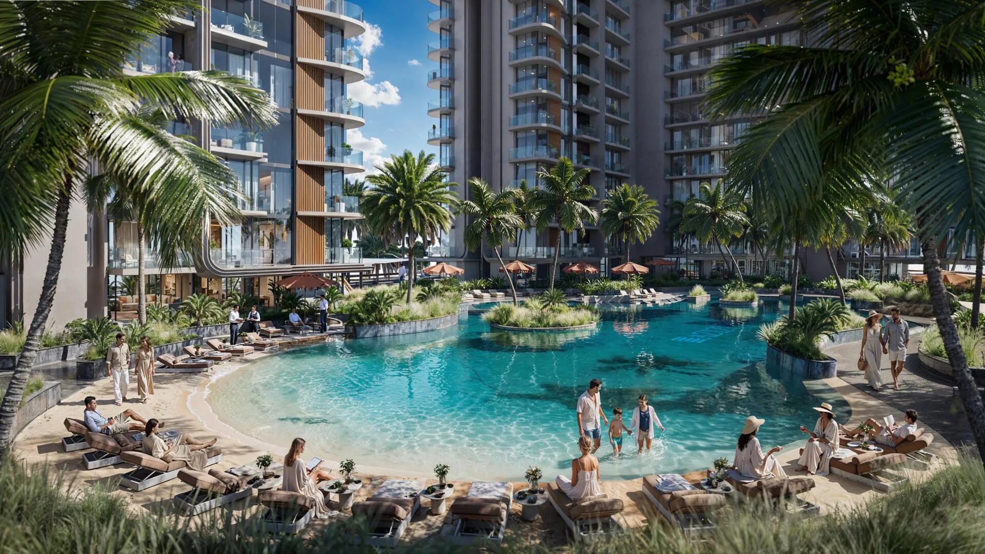 Мелкая вода, шезлонги и пальмы у пляжа Jaddaf Beach Oasis