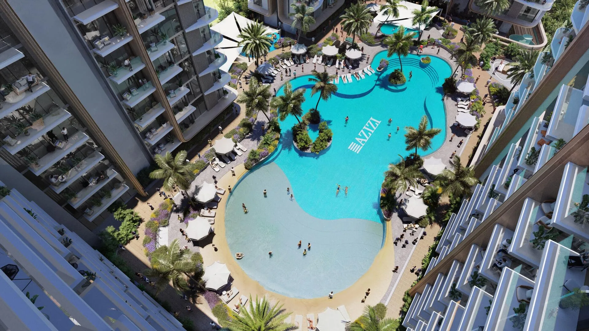 Пляж в центре Jaddaf Beach Oasis с высоты, между корпусами