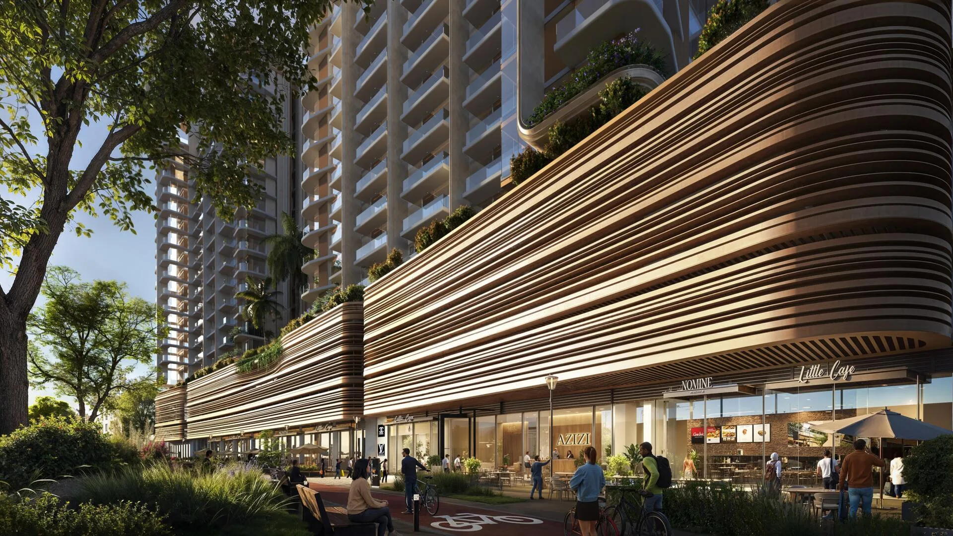 Подиум Jaddaf Beach Oasis с магазинами и кафе на первом этаже