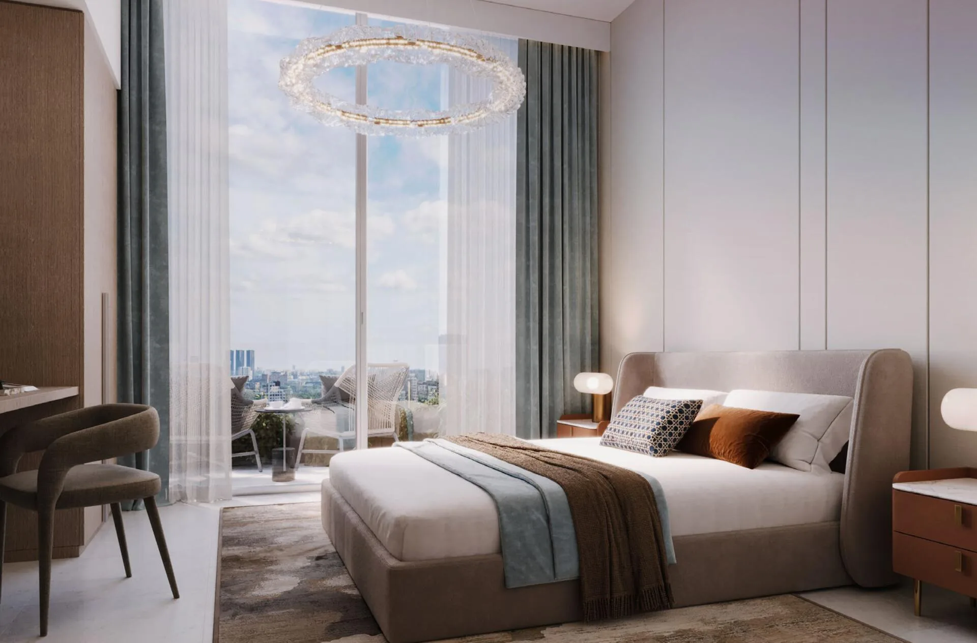 Спальня в квартире Jaddaf Beach Oasis с окном во всю стену