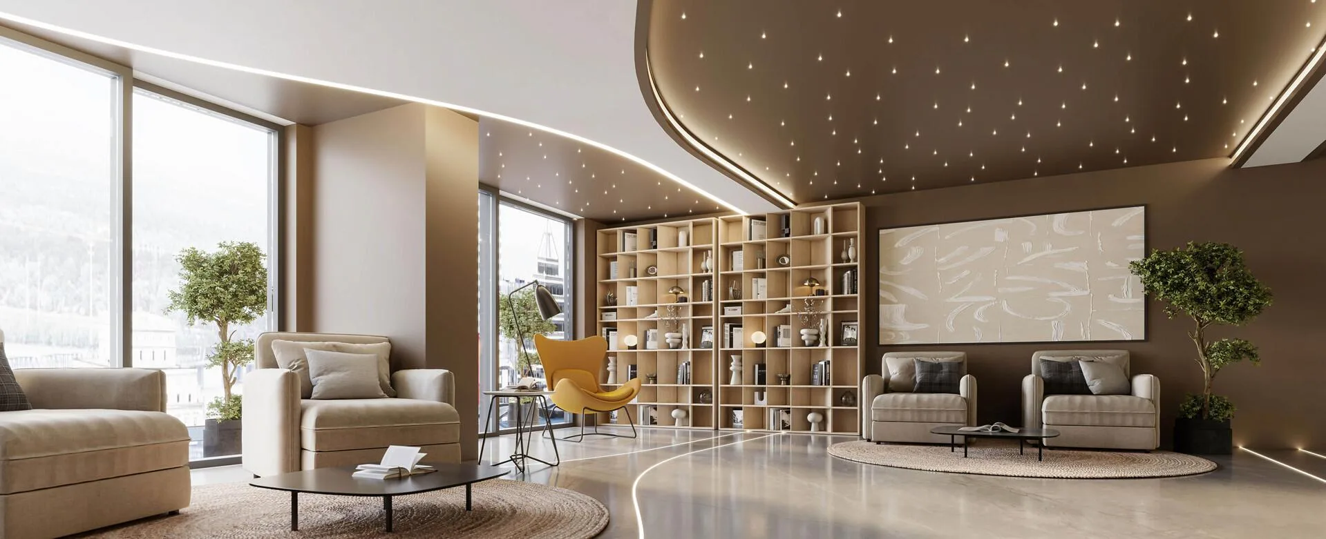 Гостиная клуба Jardin Astral с книжными полками