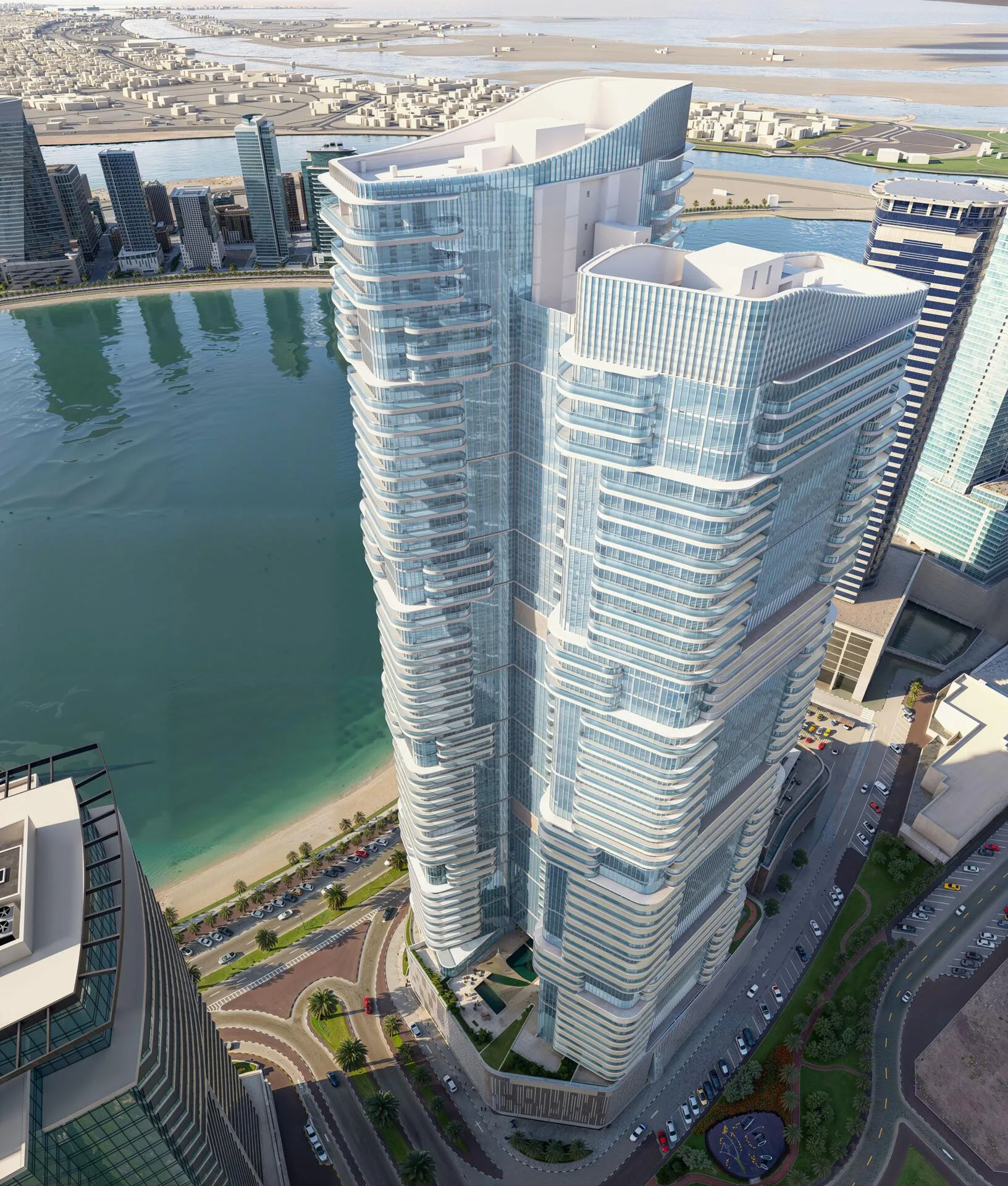 Joud Tower с высоты: башня у воды и пляжа в Шардже